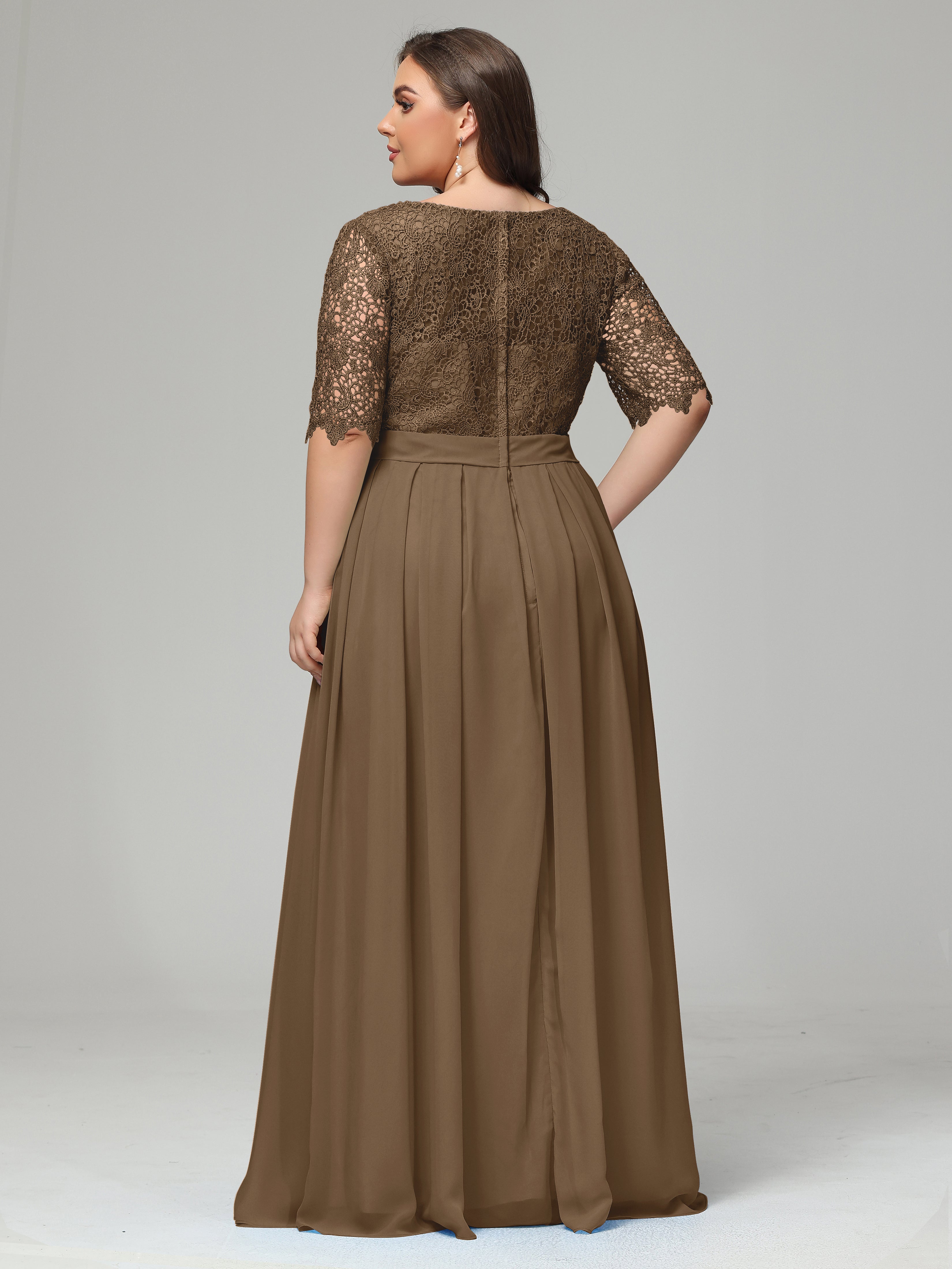 Illussion Neckline and Back Half Sleeves Scoop Lace Plus Size Bridesmaid Dresses