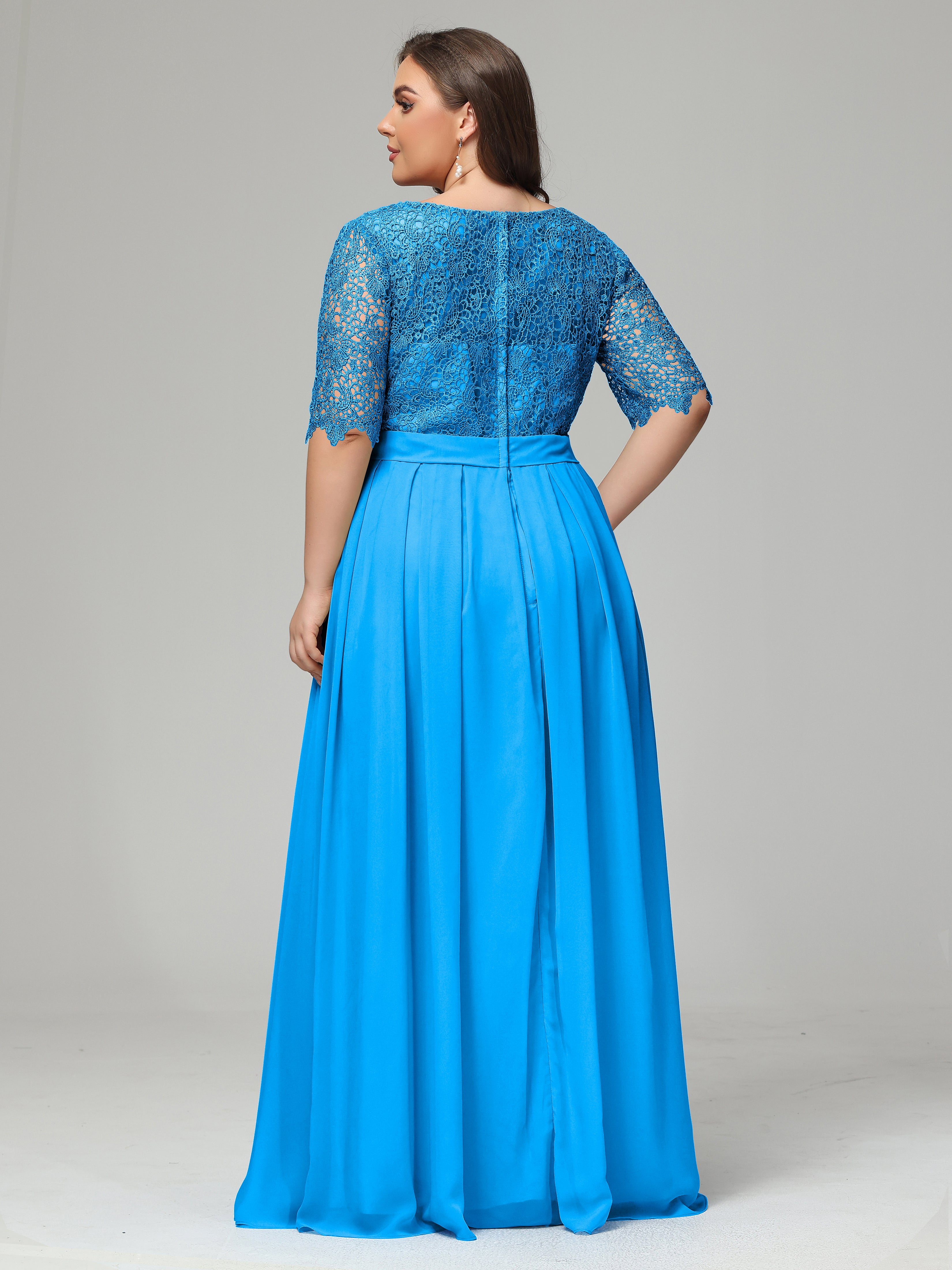 Illussion Neckline and Back Half Sleeves Scoop Lace Plus Size Bridesmaid Dresses