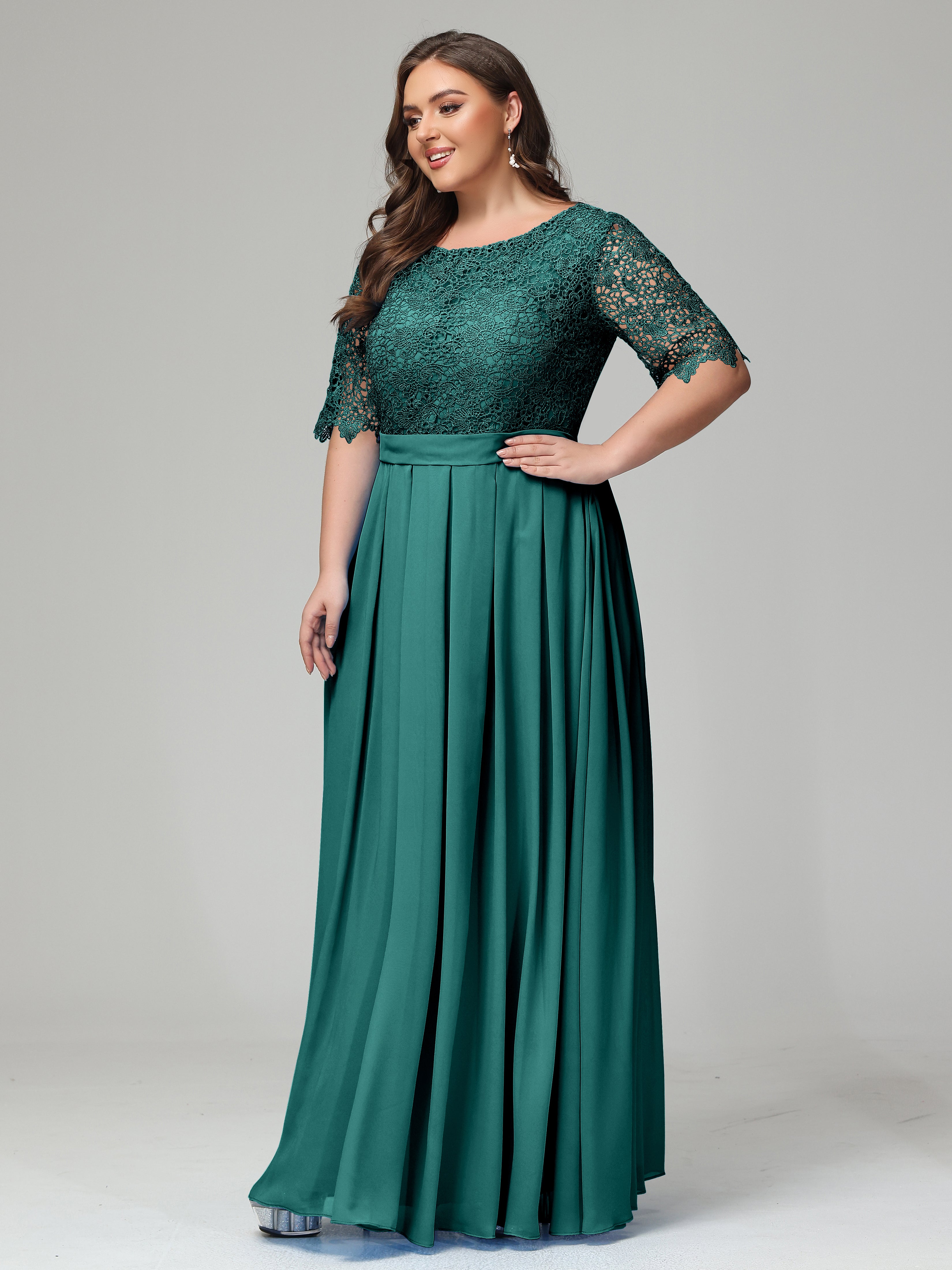 Illussion Neckline and Back Half Sleeves Scoop Lace Plus Size Bridesmaid Dresses