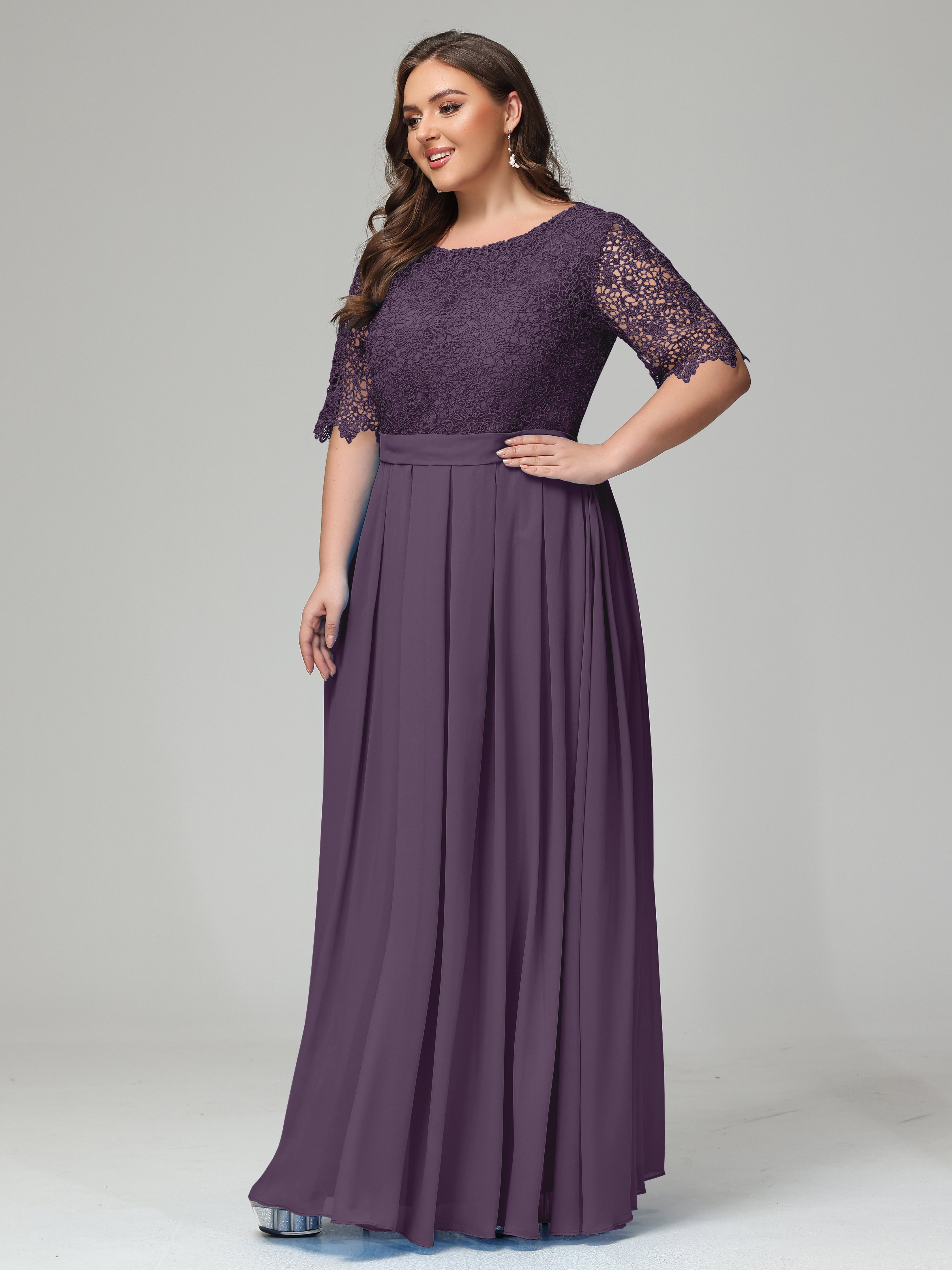 Illussion Neckline and Back Half Sleeves Scoop Lace Plus Size Bridesmaid Dresses