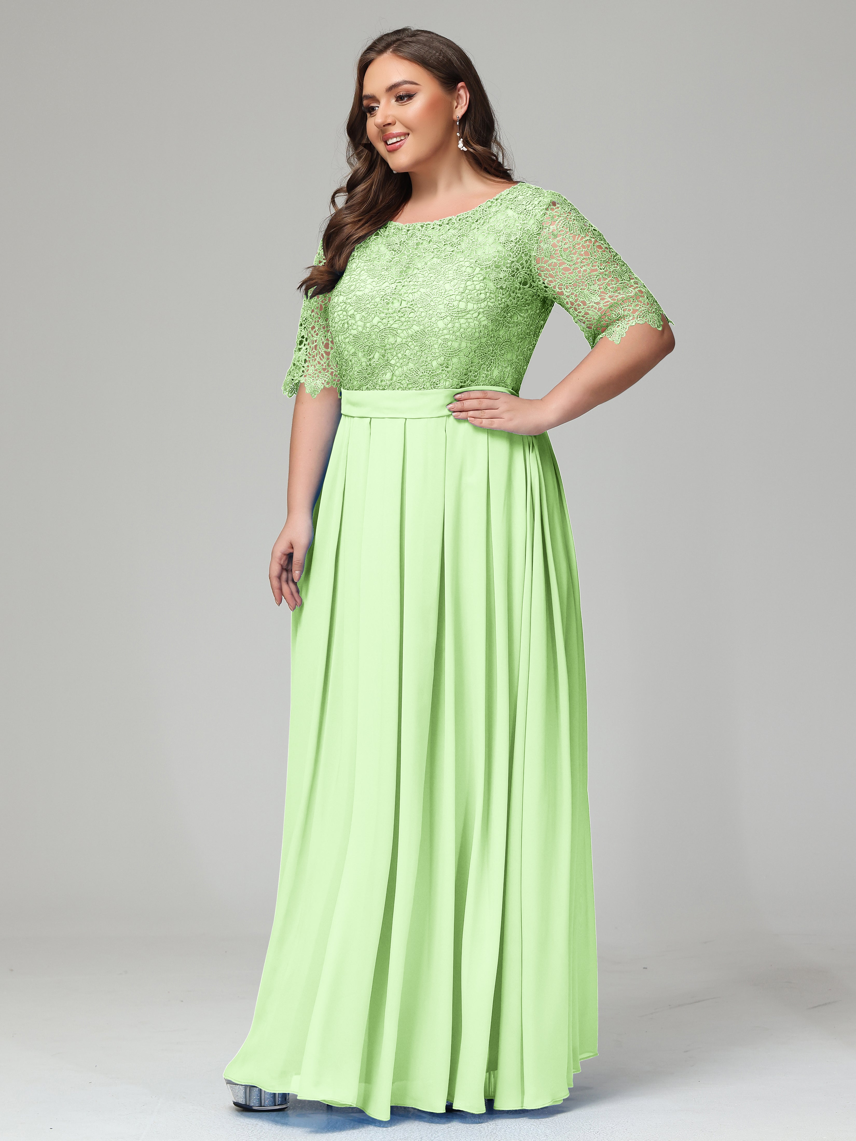 Illussion Neckline and Back Half Sleeves Scoop Lace Plus Size Bridesmaid Dresses