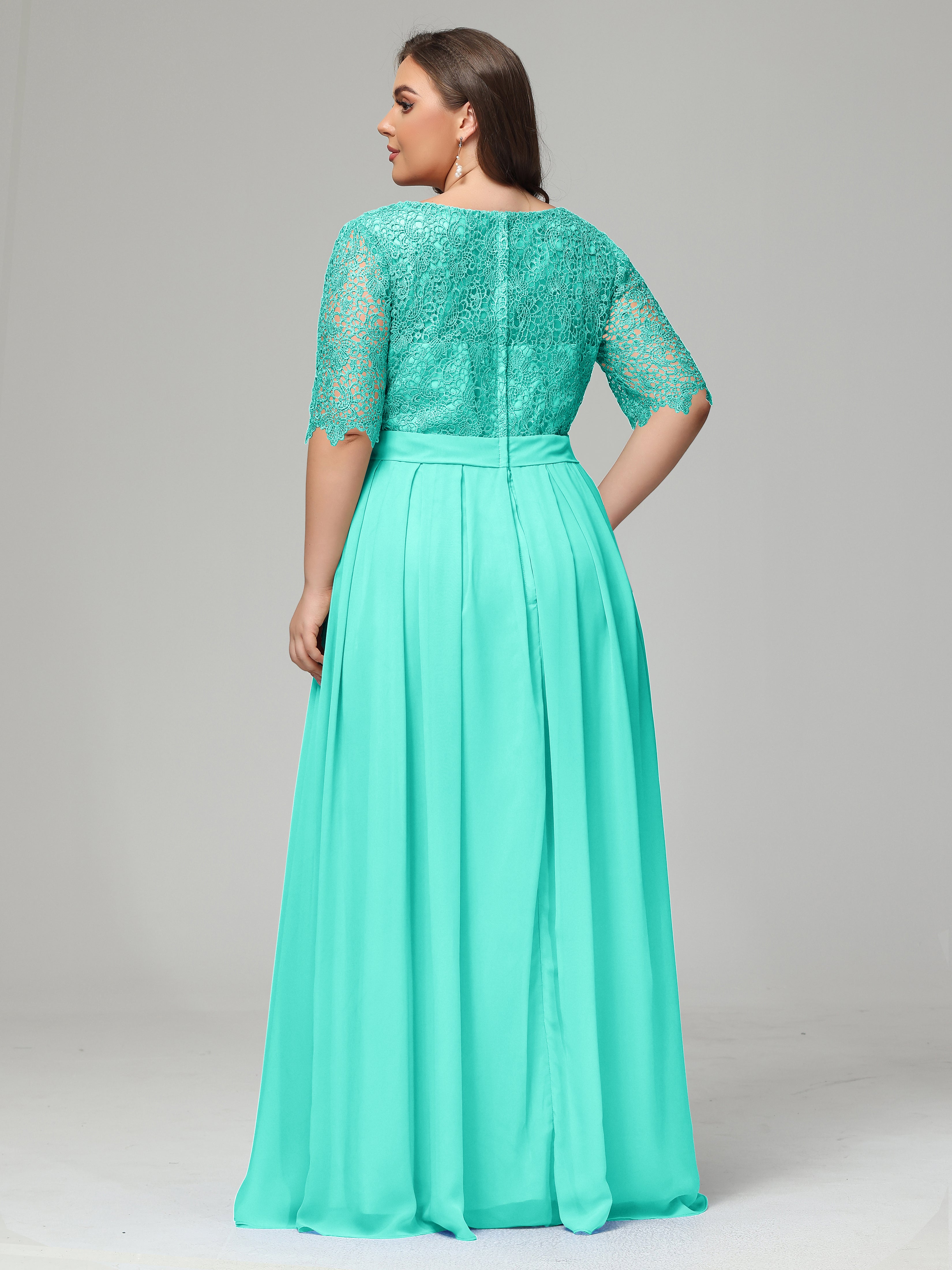 Illussion Neckline and Back Half Sleeves Scoop Lace Plus Size Bridesmaid Dresses