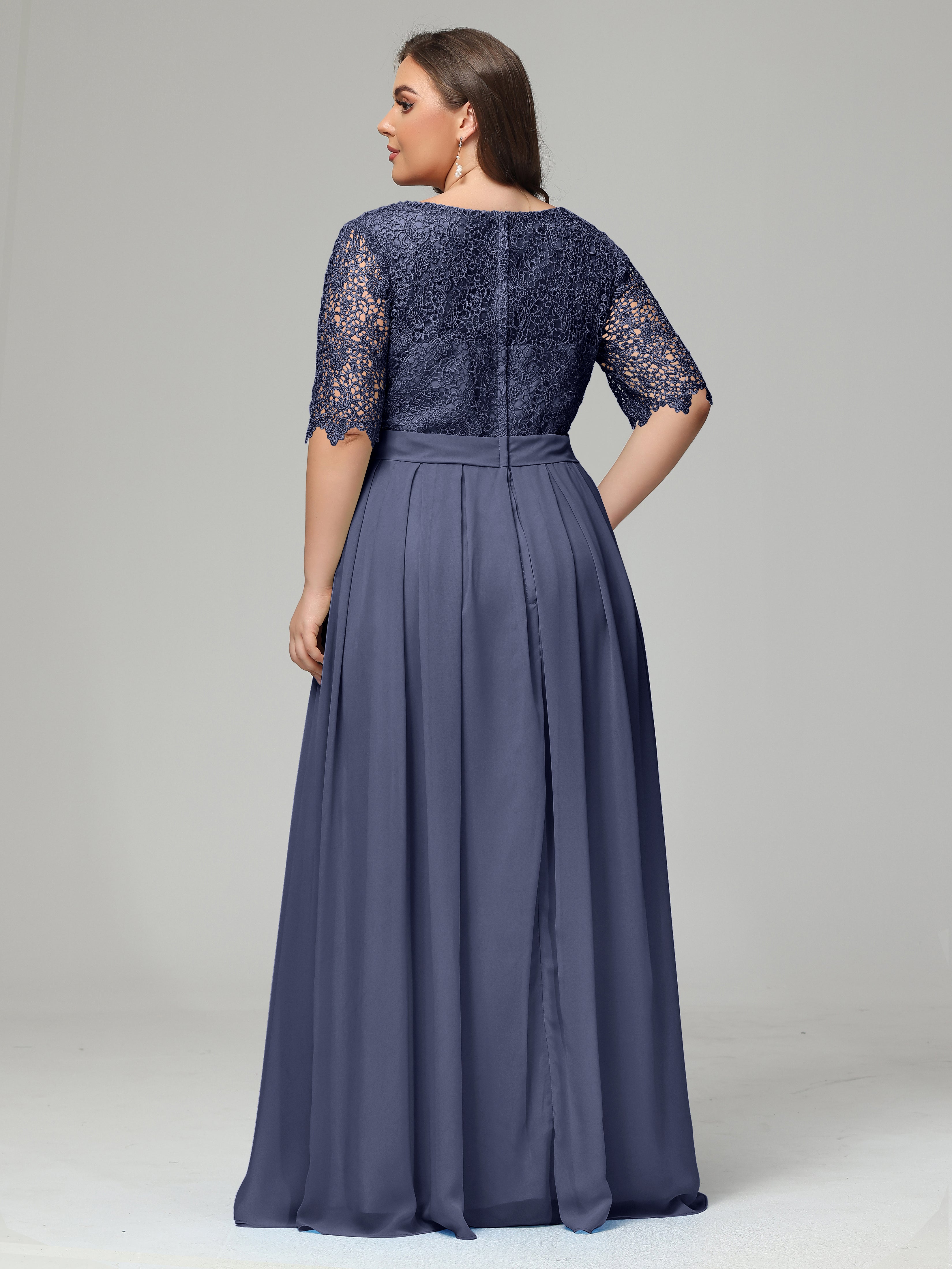 Illussion Neckline and Back Half Sleeves Scoop Lace Plus Size Bridesmaid Dresses