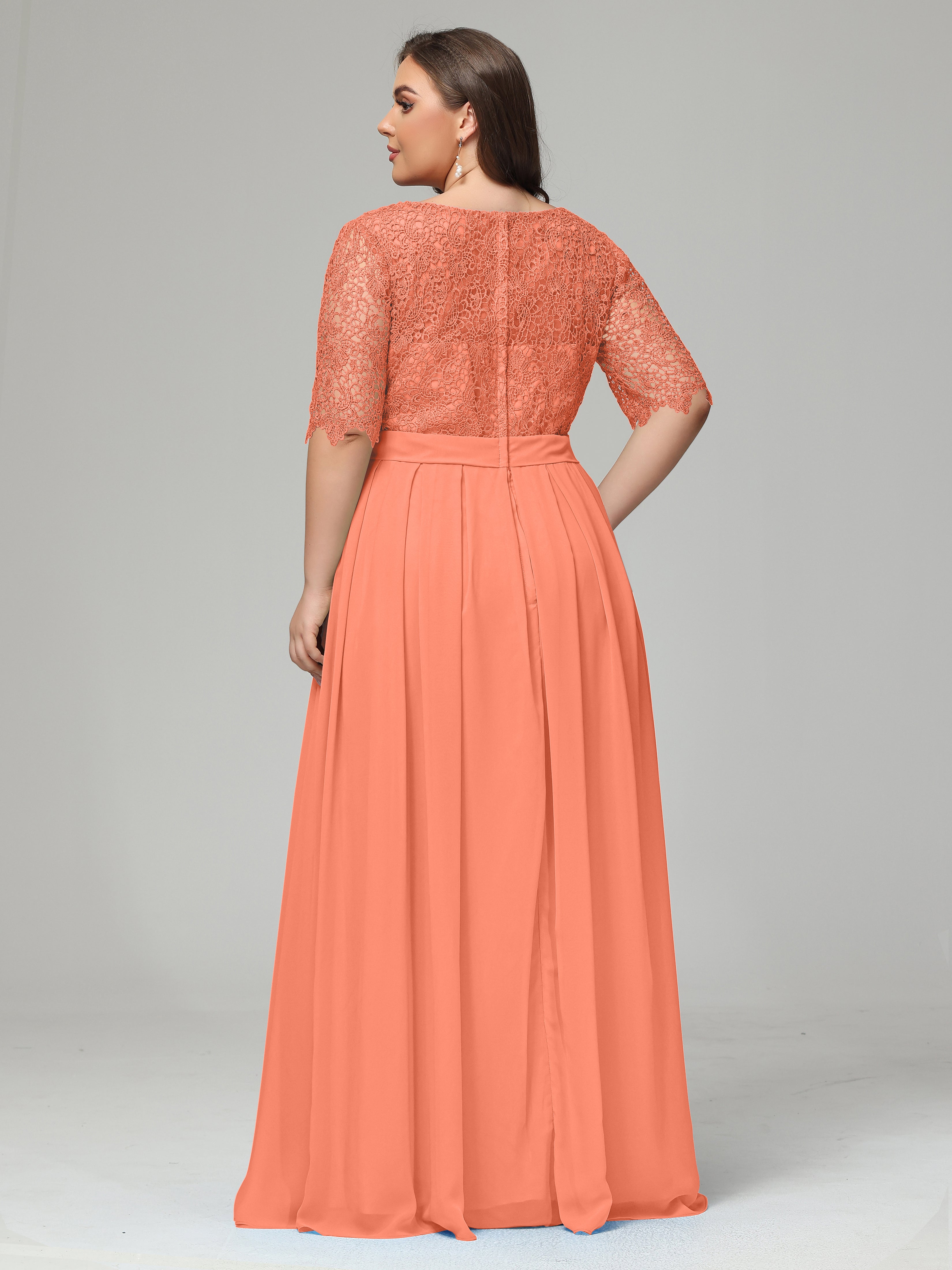 Illussion Neckline and Back Half Sleeves Scoop Lace Plus Size Bridesmaid Dresses