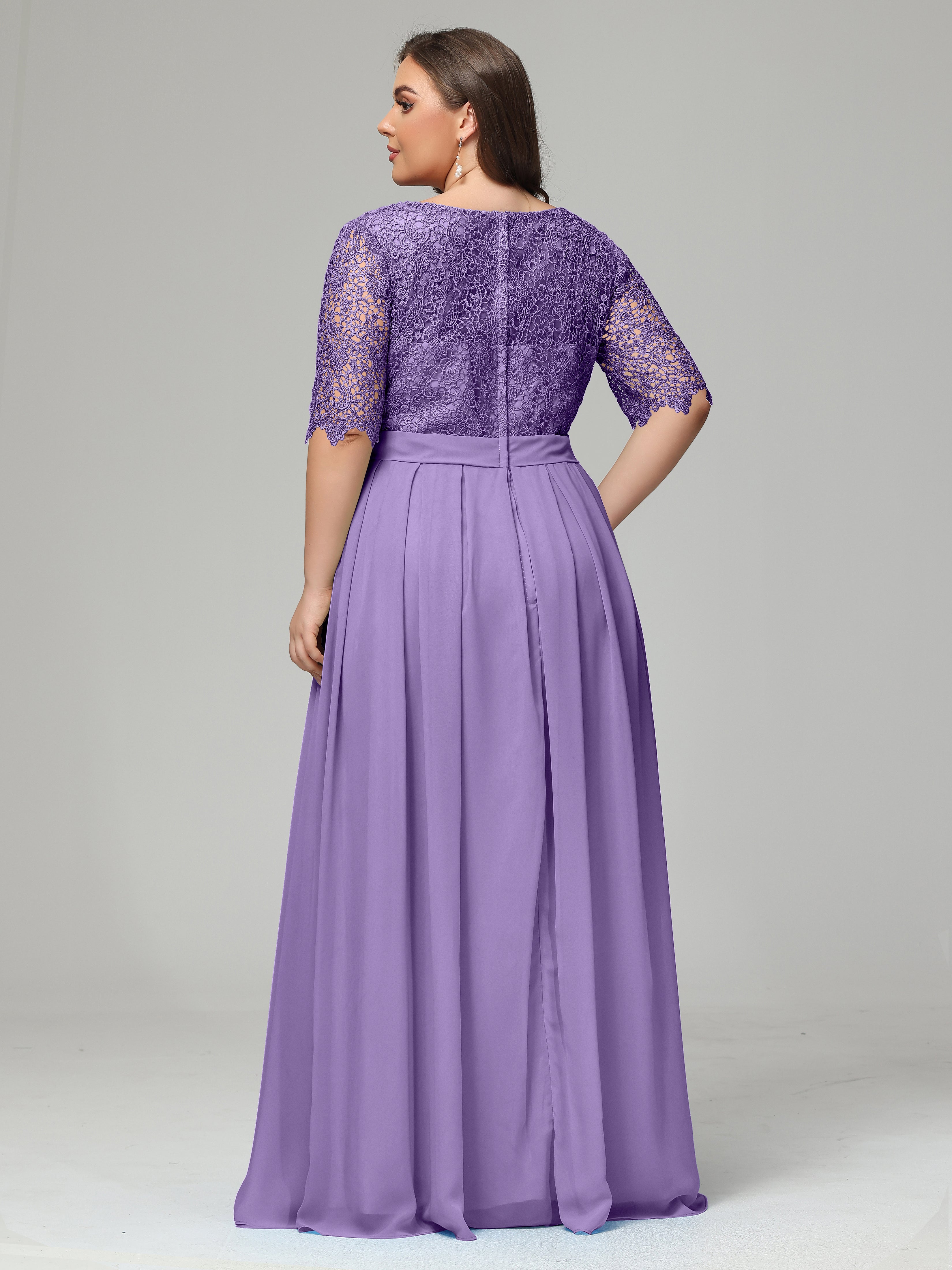 Illussion Neckline and Back Half Sleeves Scoop Lace Plus Size Bridesmaid Dresses