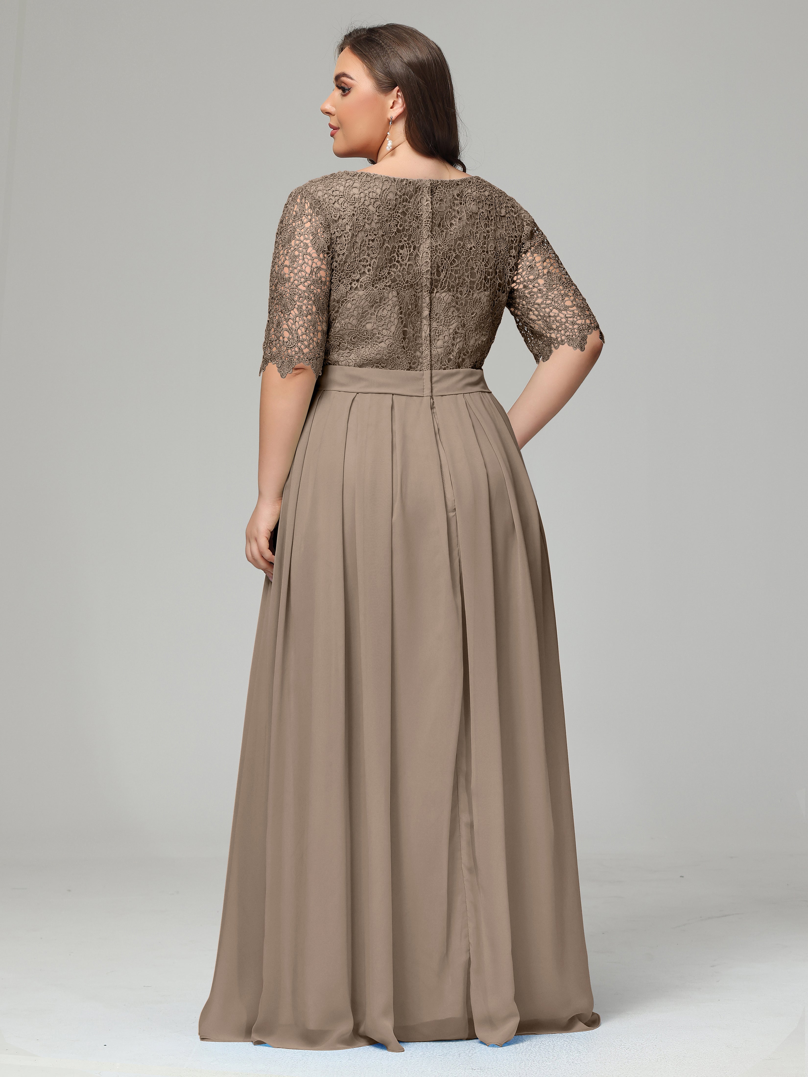 Illussion Neckline and Back Half Sleeves Scoop Lace Plus Size Bridesmaid Dresses