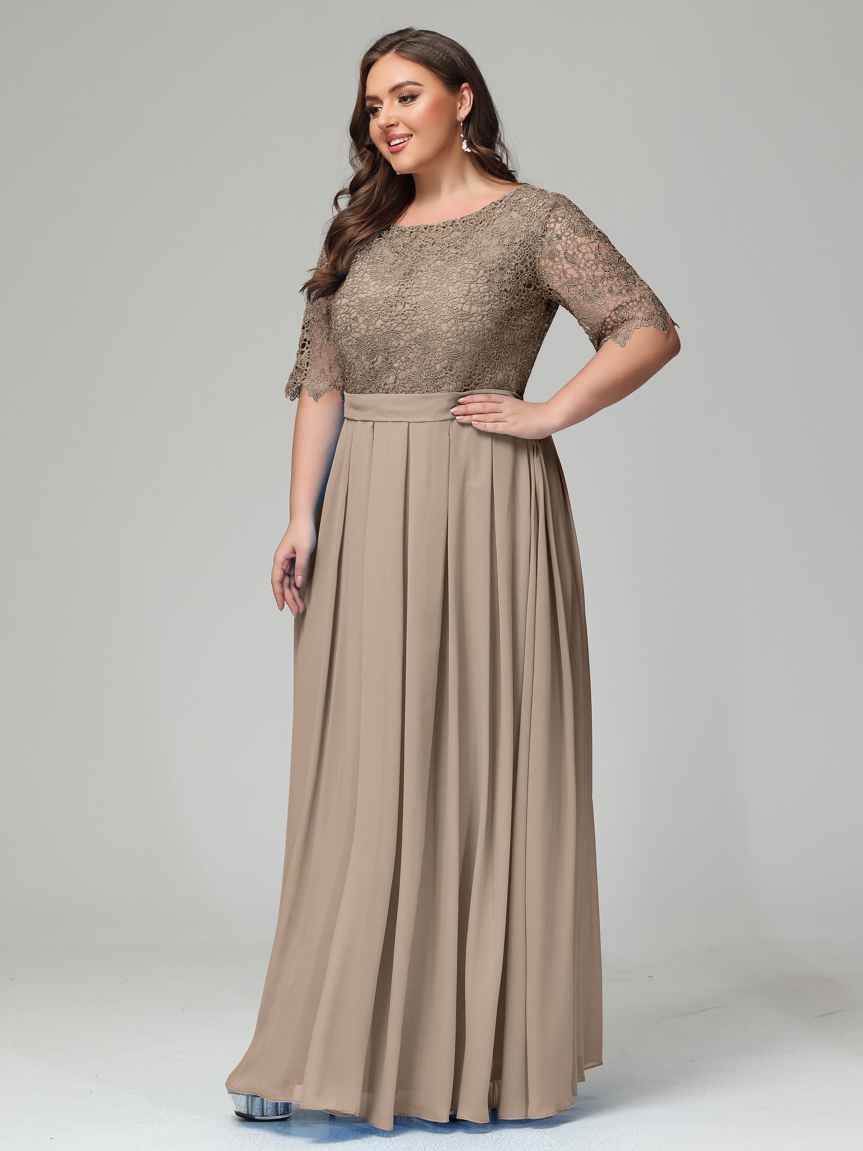 Illussion Neckline and Back Half Sleeves Scoop Lace Plus Size Bridesmaid Dresses