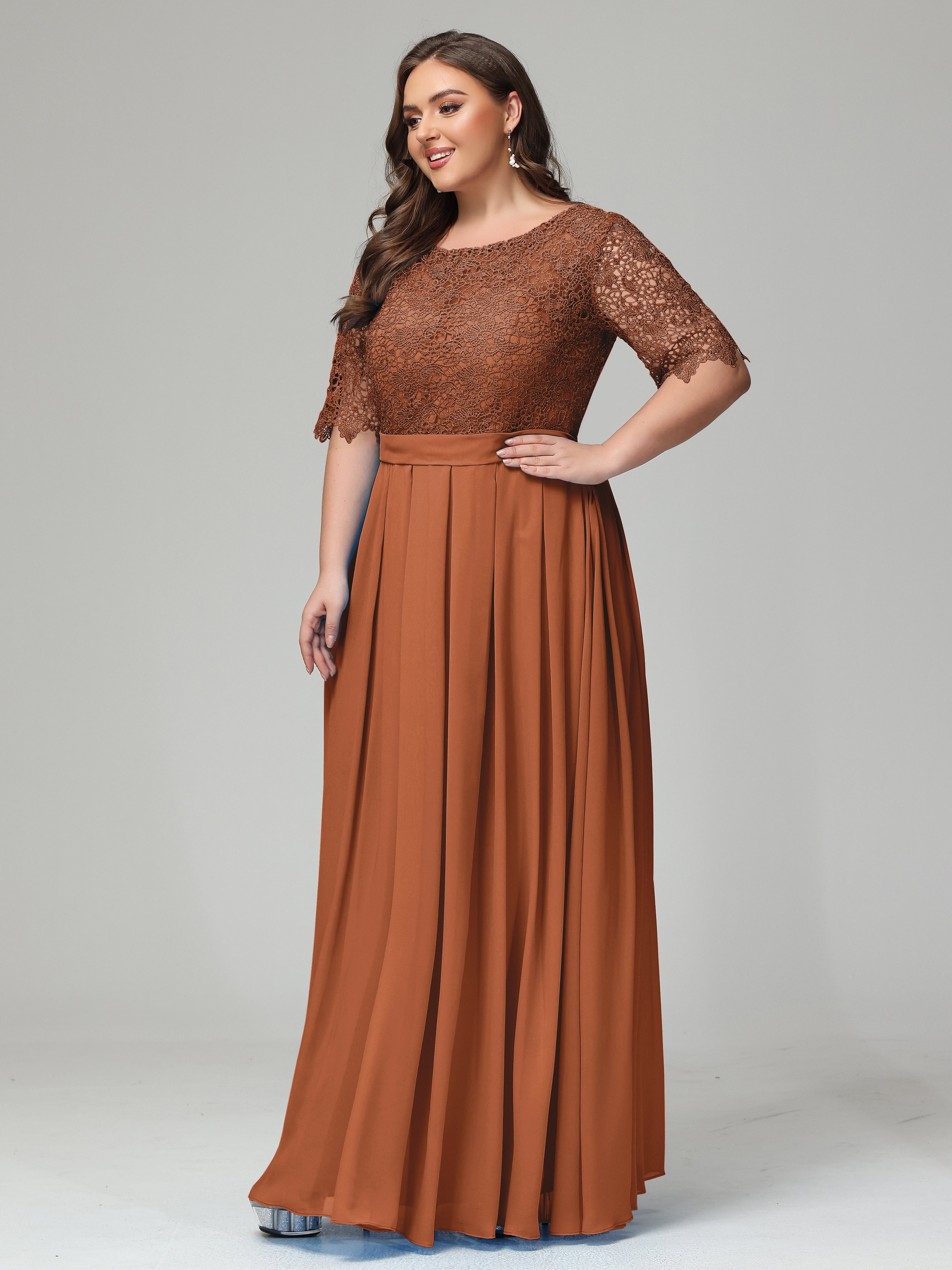 Illussion Neckline and Back Half Sleeves Scoop Lace Plus Size Bridesmaid Dresses