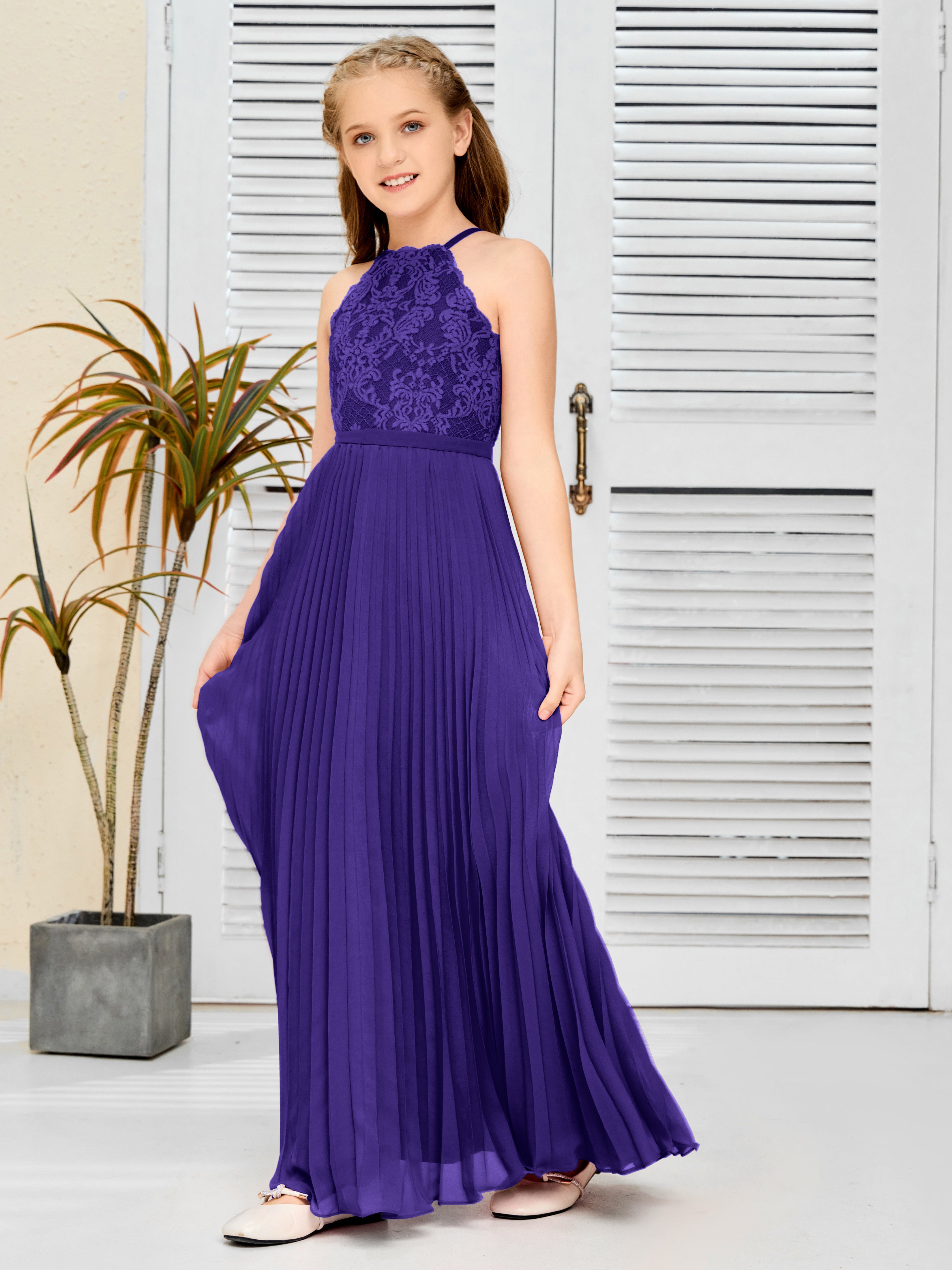 Halter A Line Chiffon Lace Junior Bridesmaid Dress