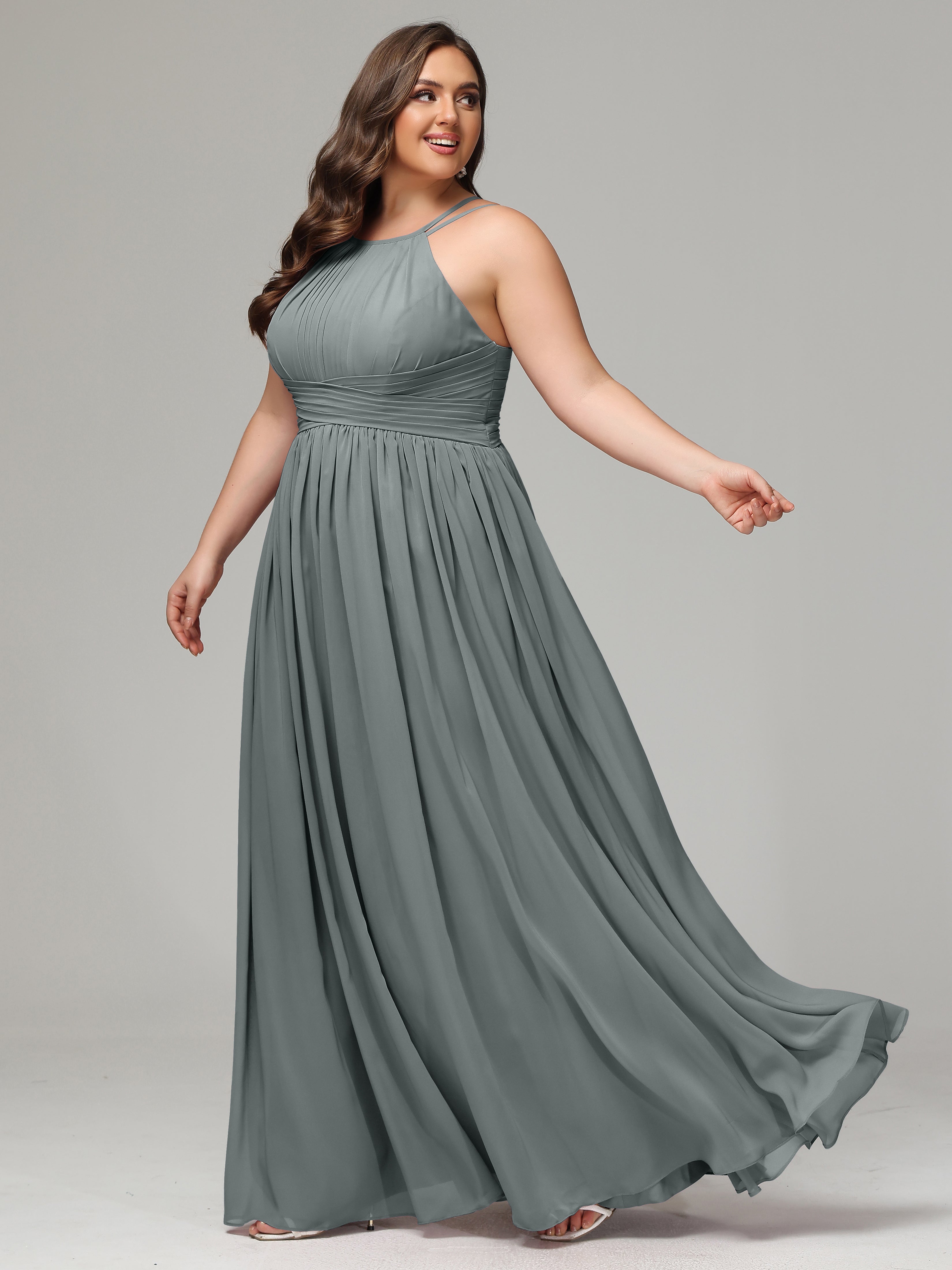 Halter & Straps on back Chiffon Bridesmaid Dress Plus Size