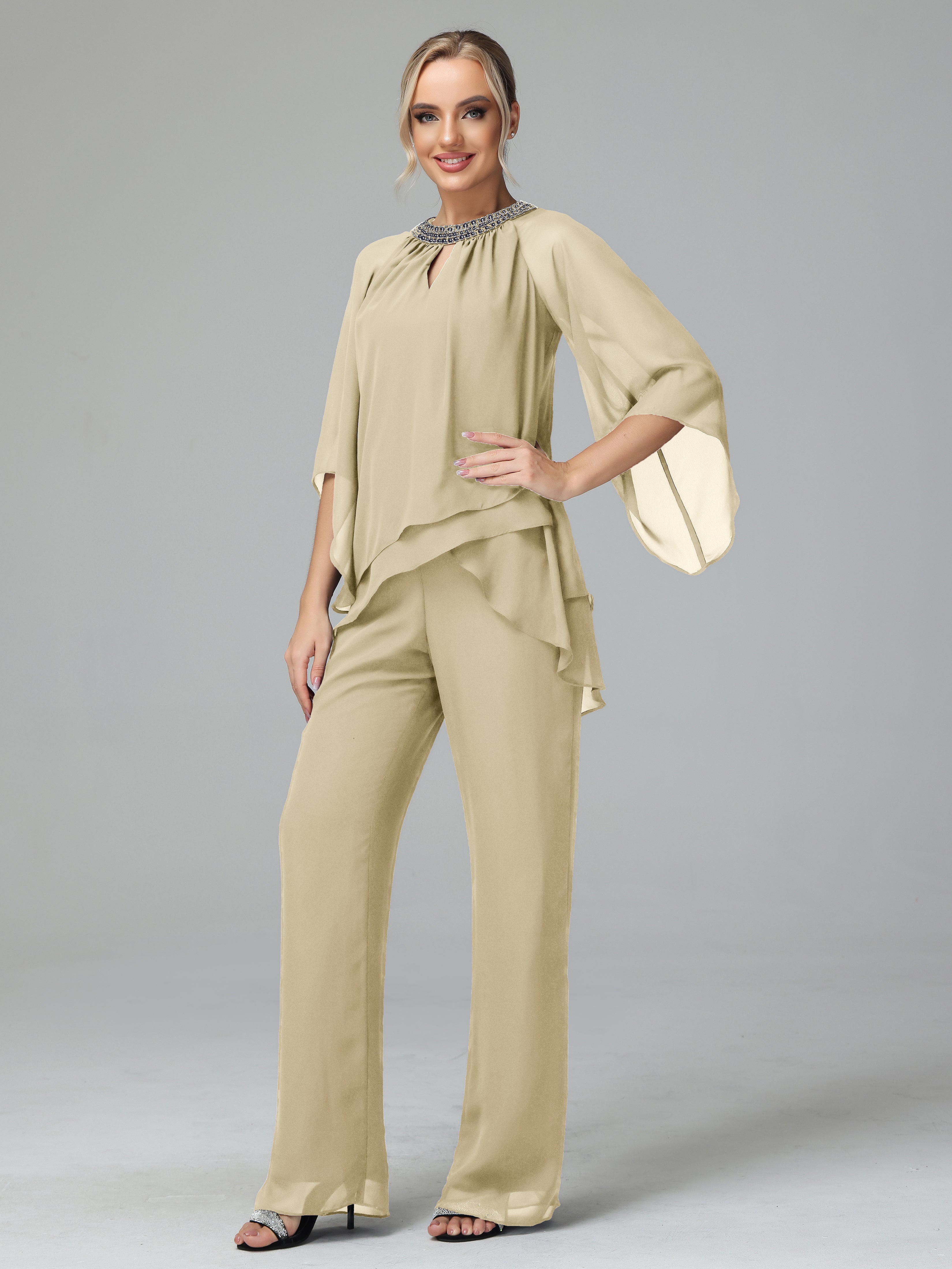 Long Sleeves Chiffon Mother Of The Bride Dress Pants Suits