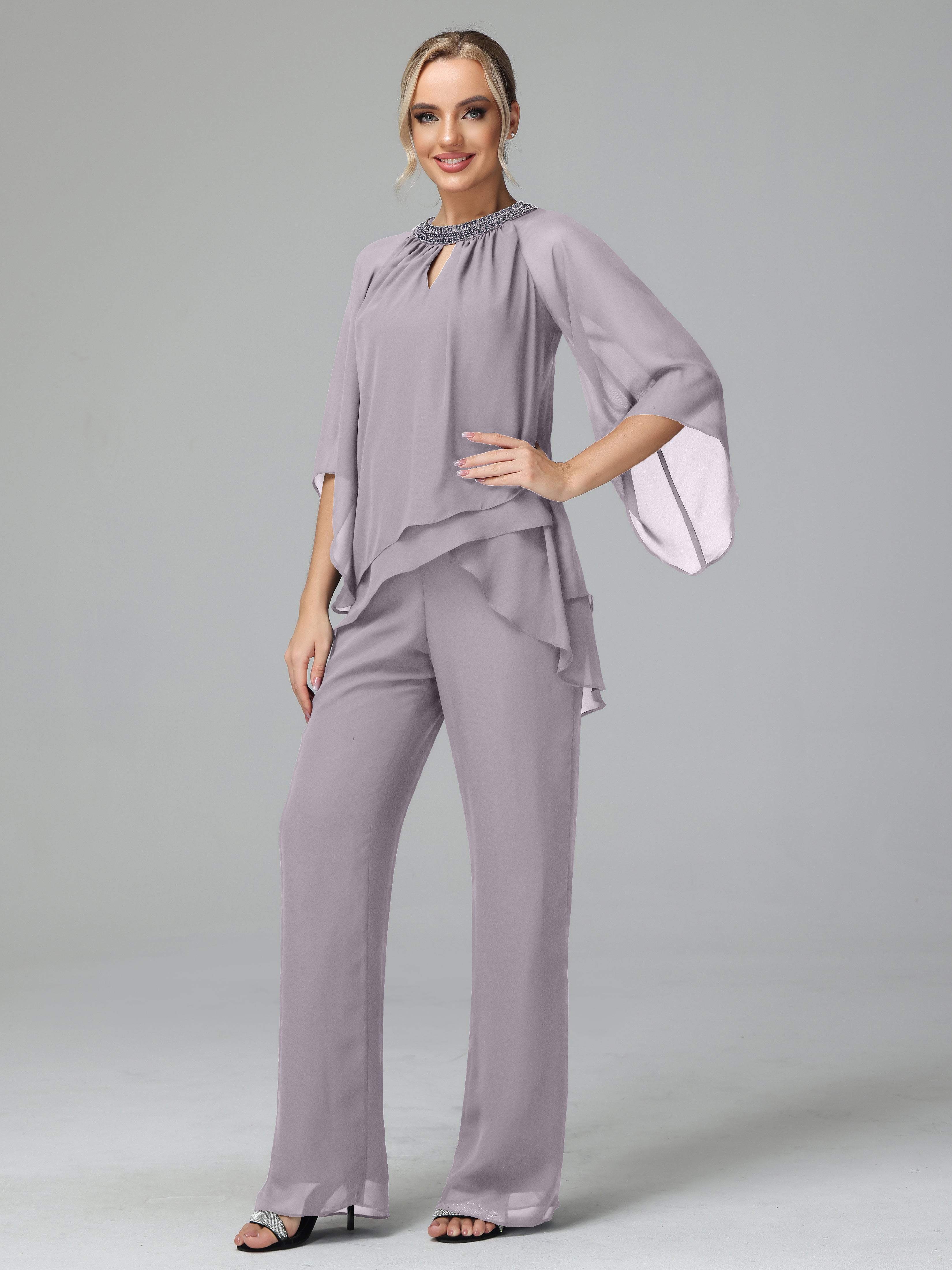 Long Sleeves Chiffon Mother Of The Bride Dress Pants Suits