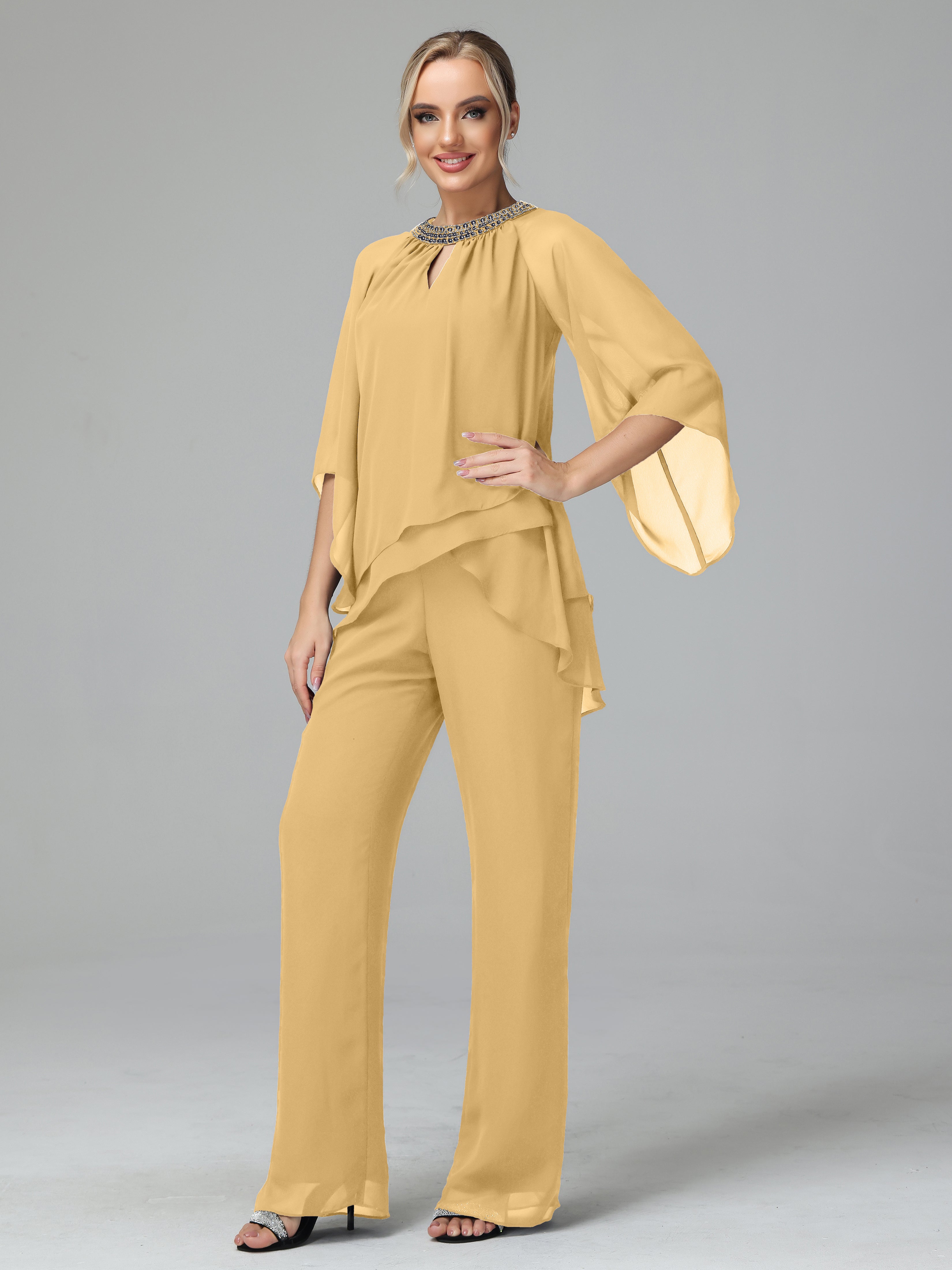 Long Sleeves Chiffon Mother Of The Bride Dress Pants Suits