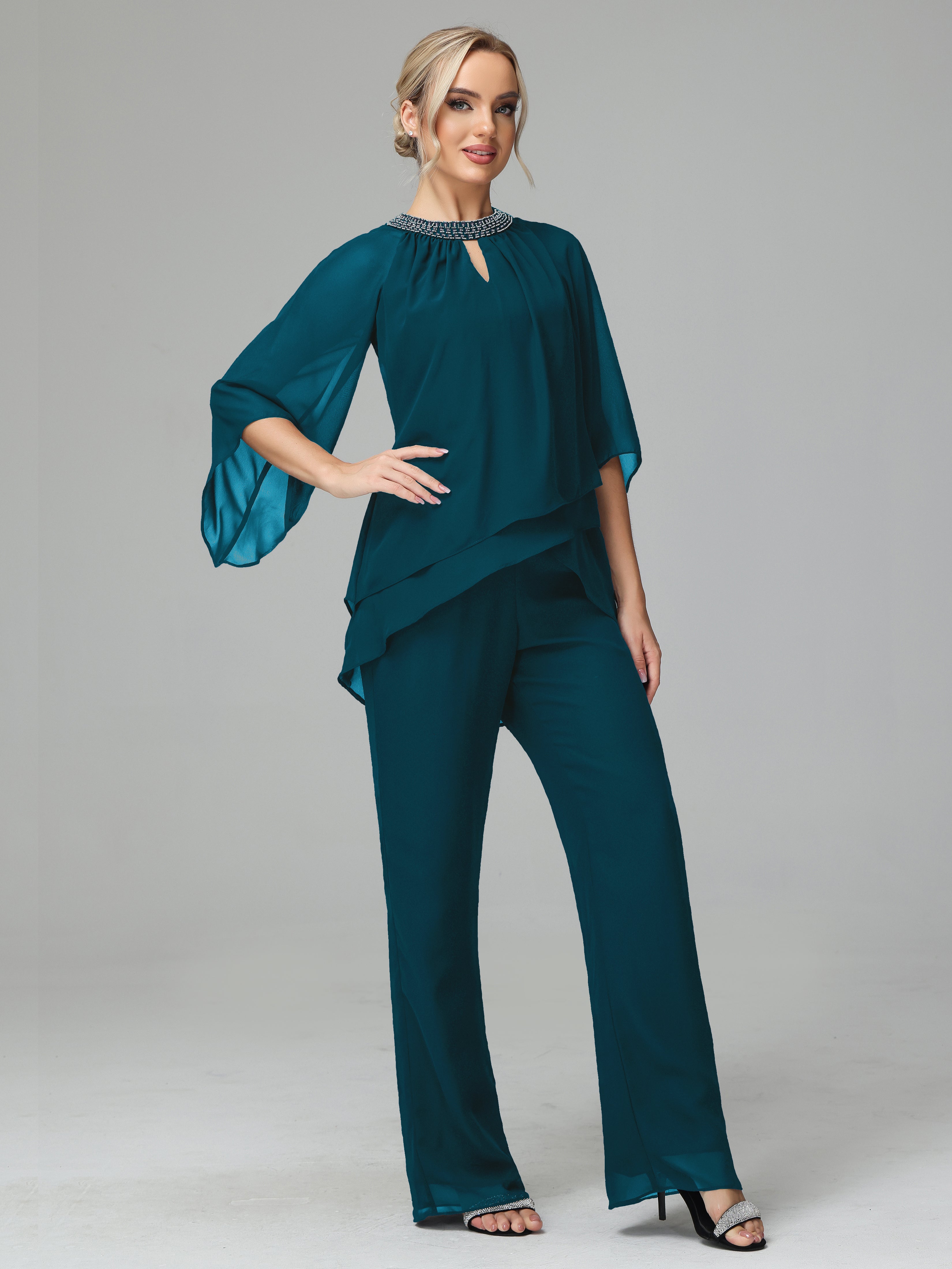 Long Sleeves Chiffon Mother Of The Bride Dress Pants Suits