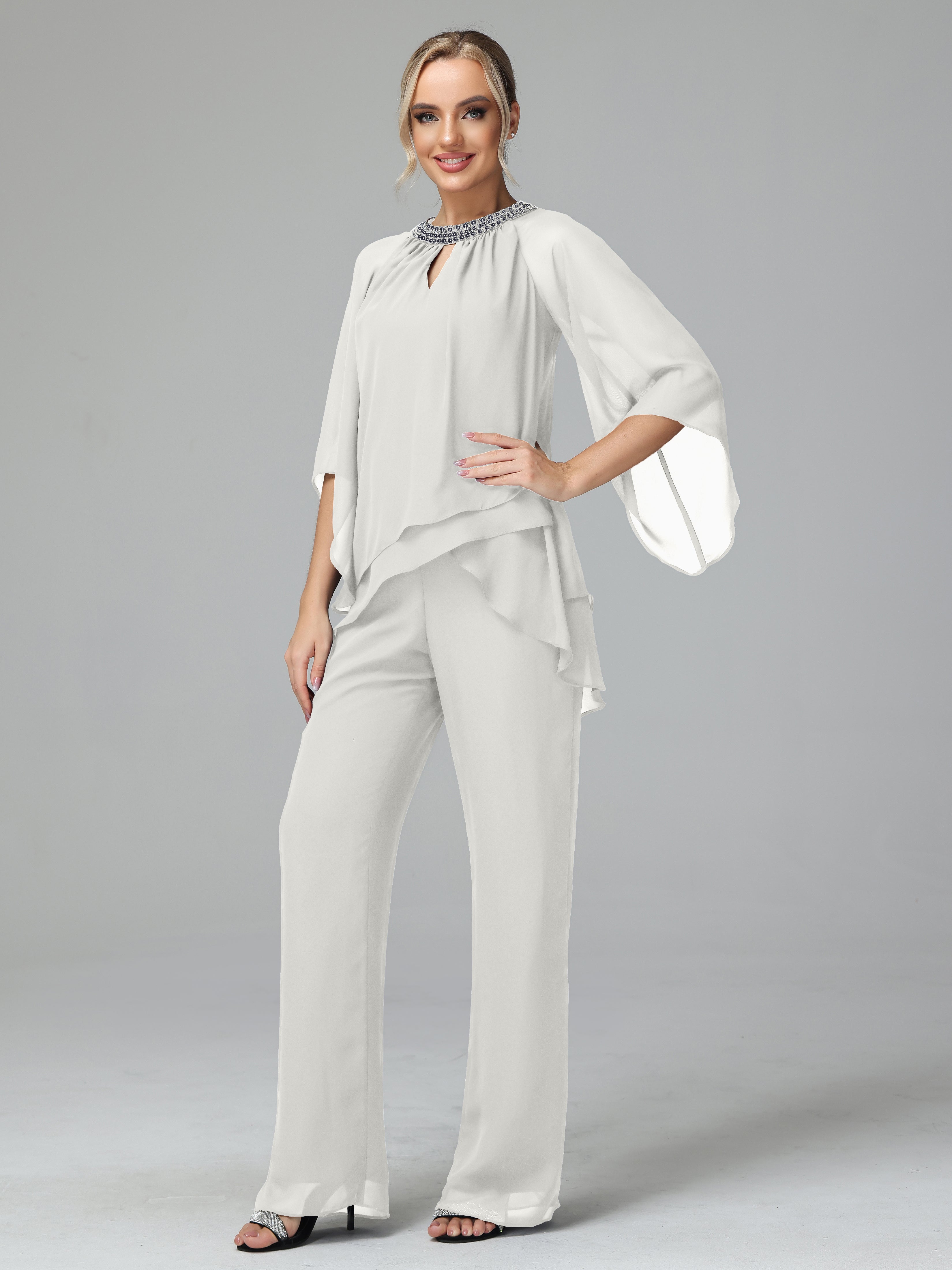 Long Sleeves Chiffon Mother Of The Bride Dress Pants Suits