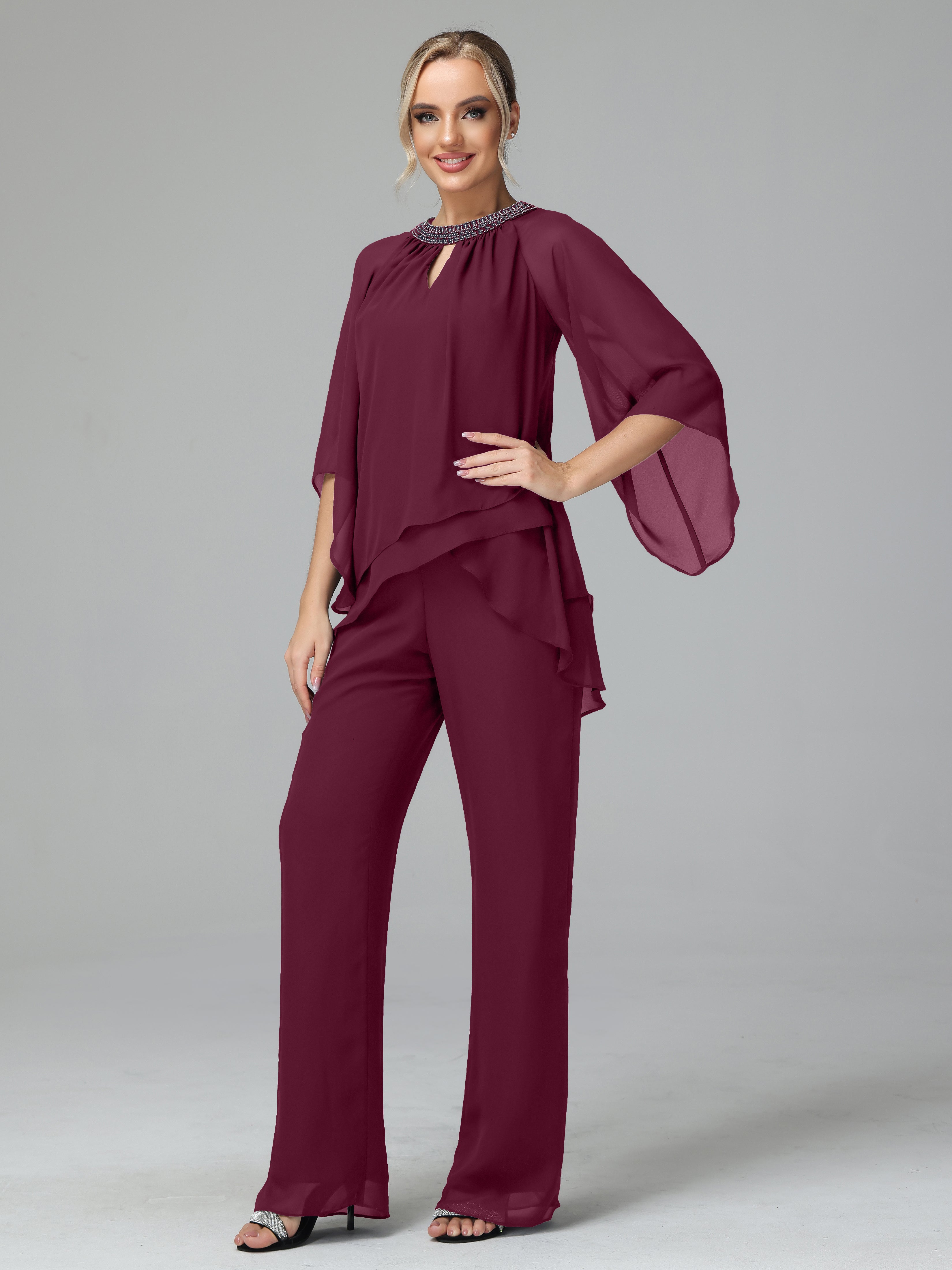 Long Sleeves Chiffon Mother Of The Bride Dress Pants Suits