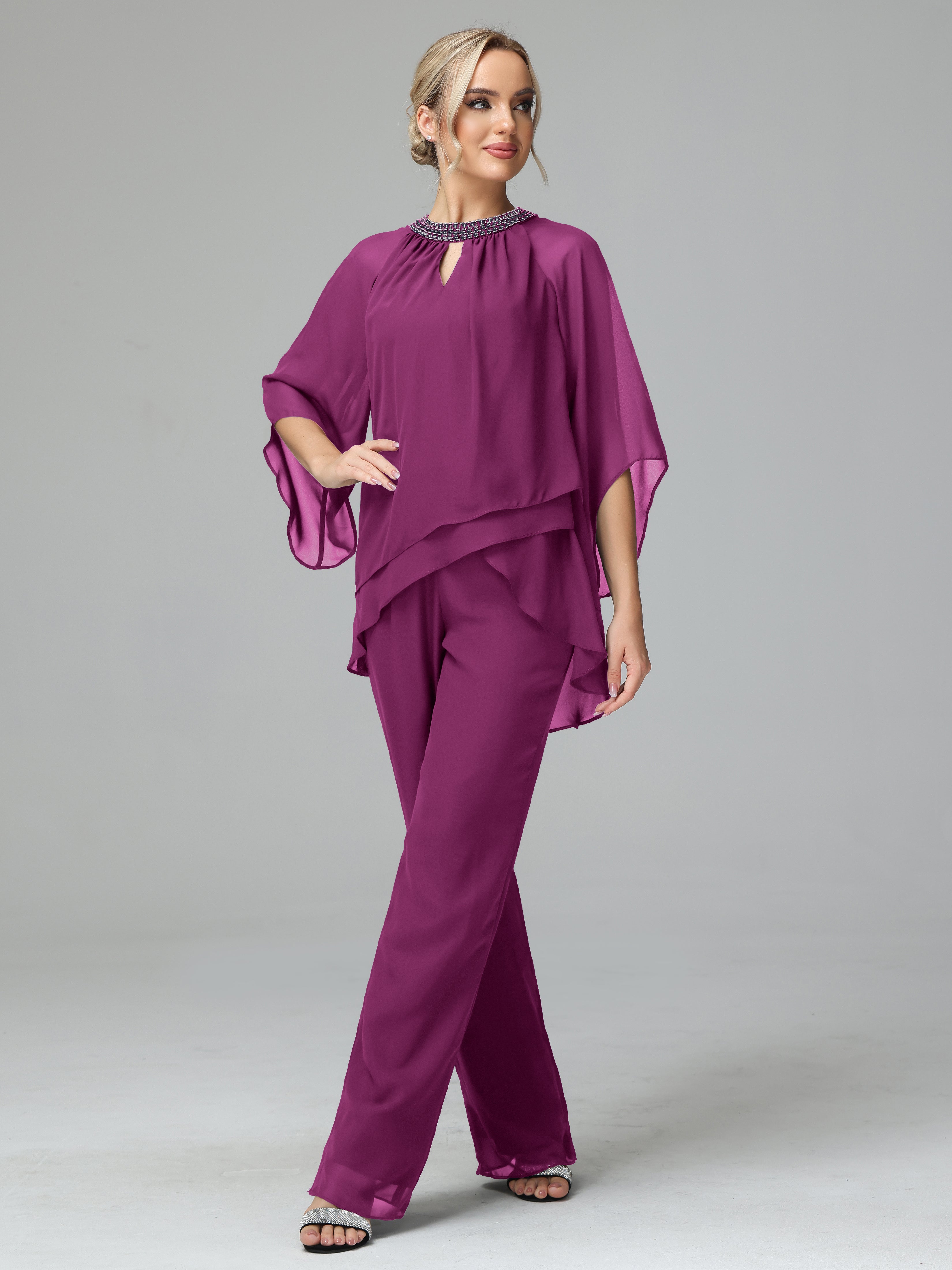 Long Sleeves Chiffon Mother Of The Bride Dress Pants Suits