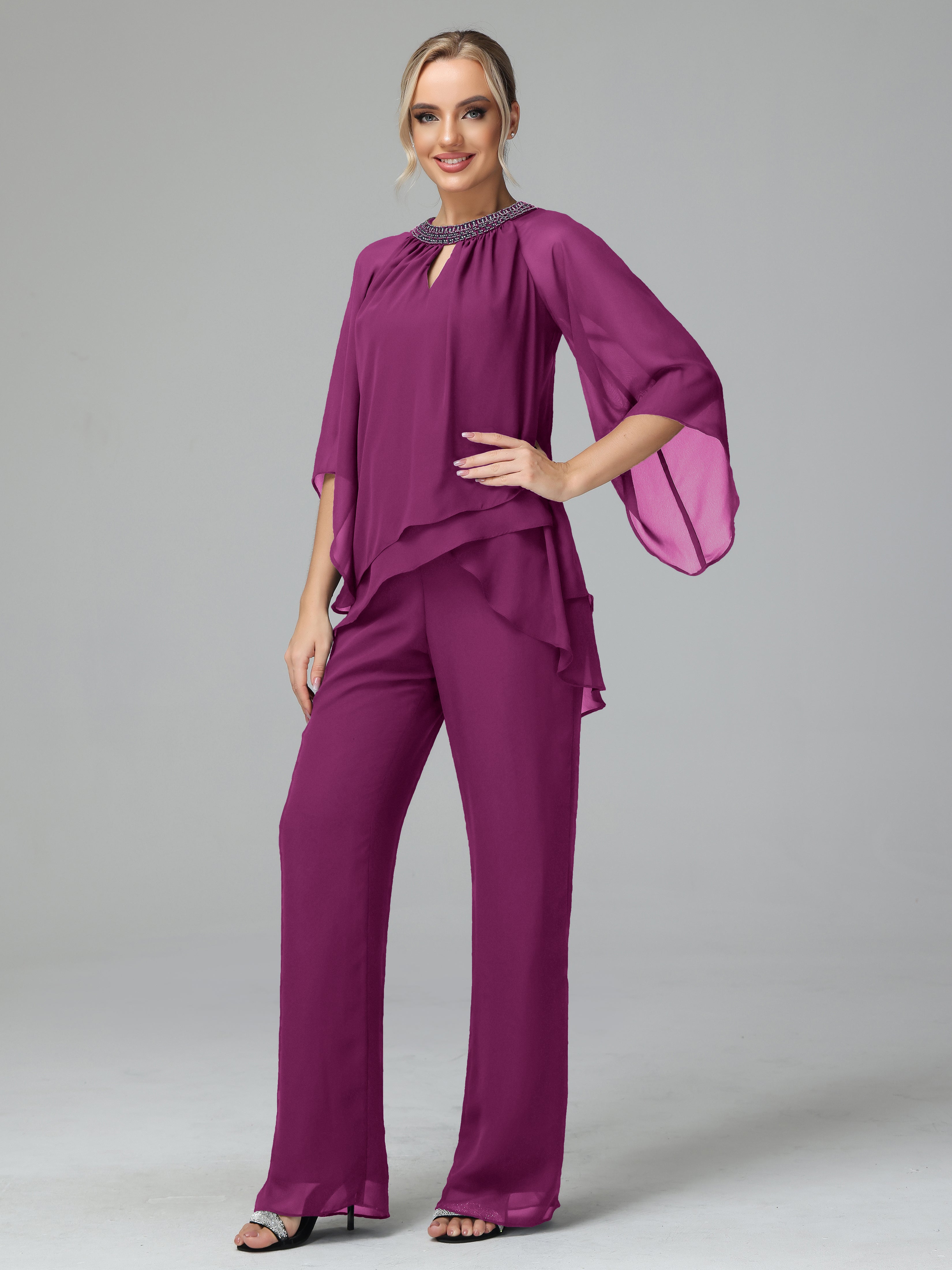 Long Sleeves Chiffon Mother Of The Bride Dress Pants Suits