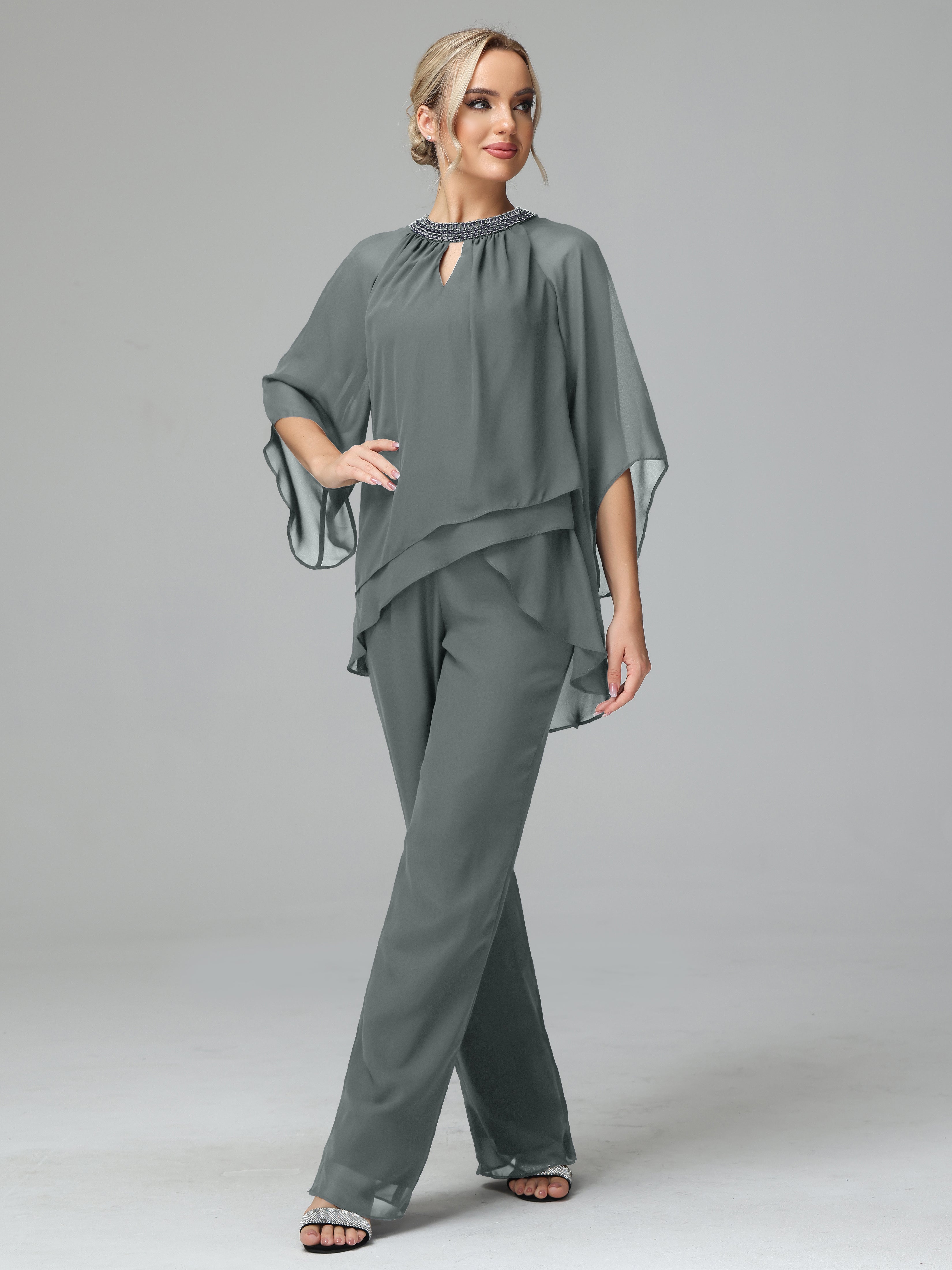 Long Sleeves Chiffon Mother Of The Bride Dress Pants Suits