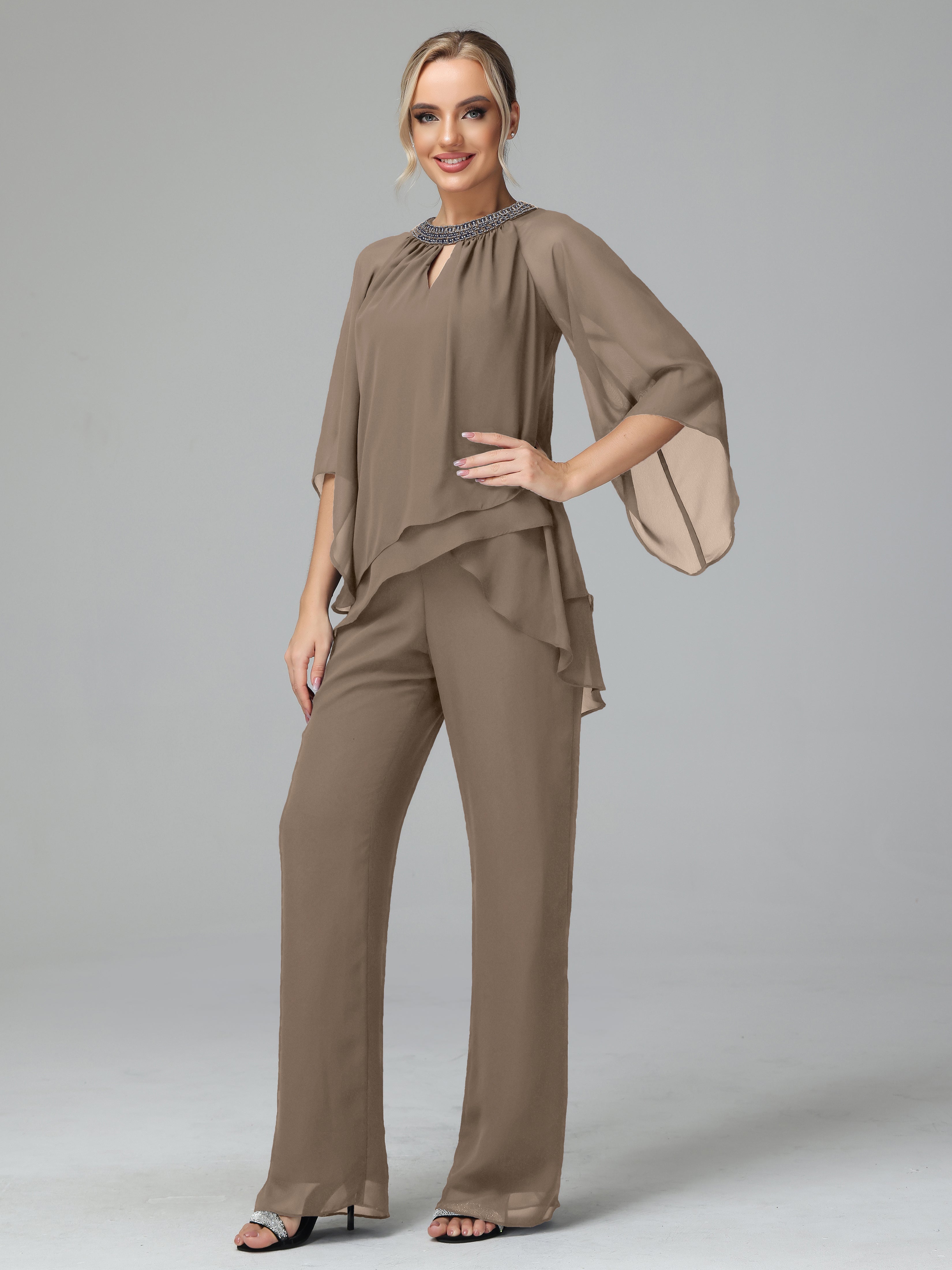 Long Sleeves Chiffon Mother Of The Bride Dress Pants Suits