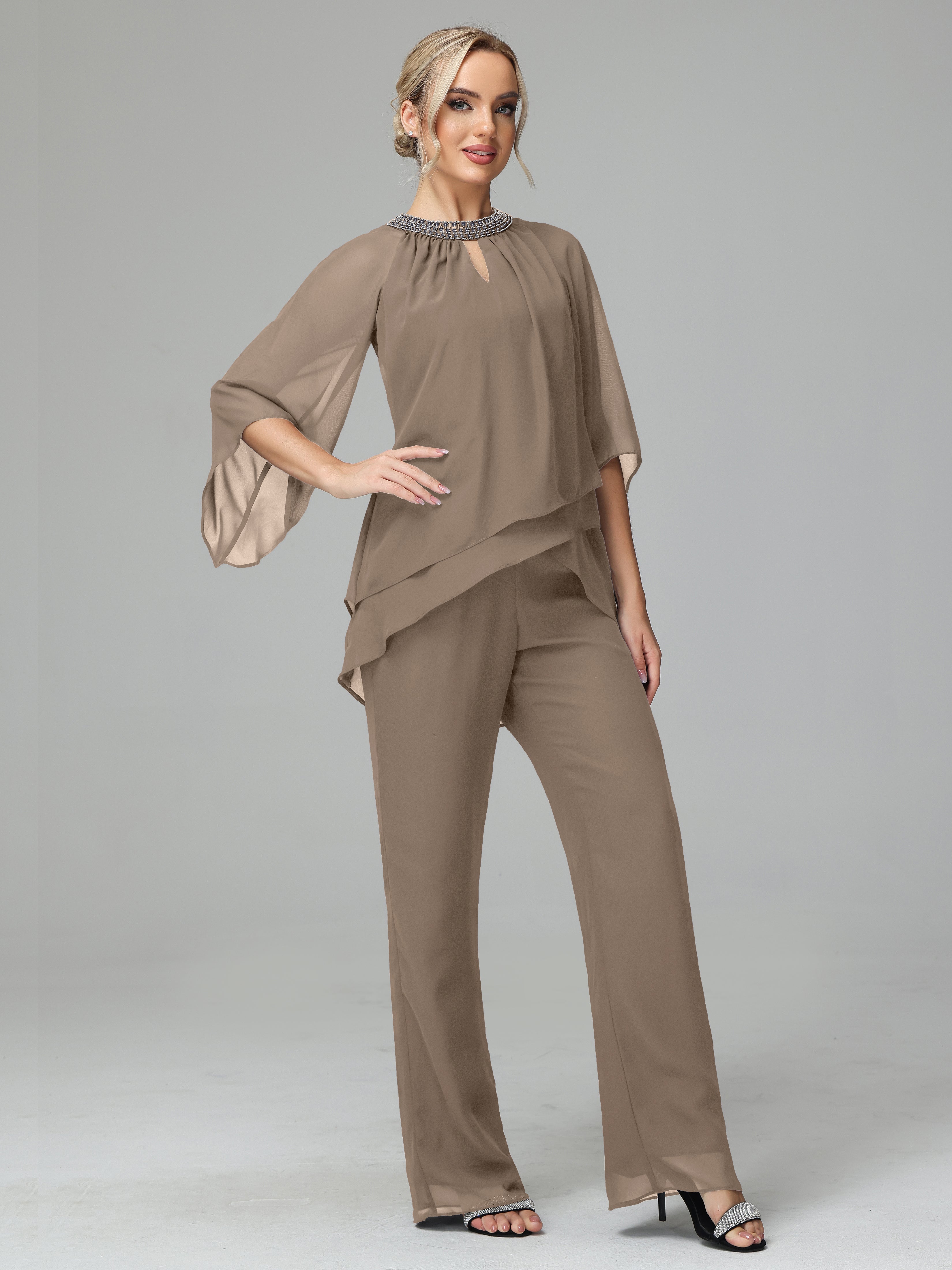 Long Sleeves Chiffon Mother Of The Bride Dress Pants Suits