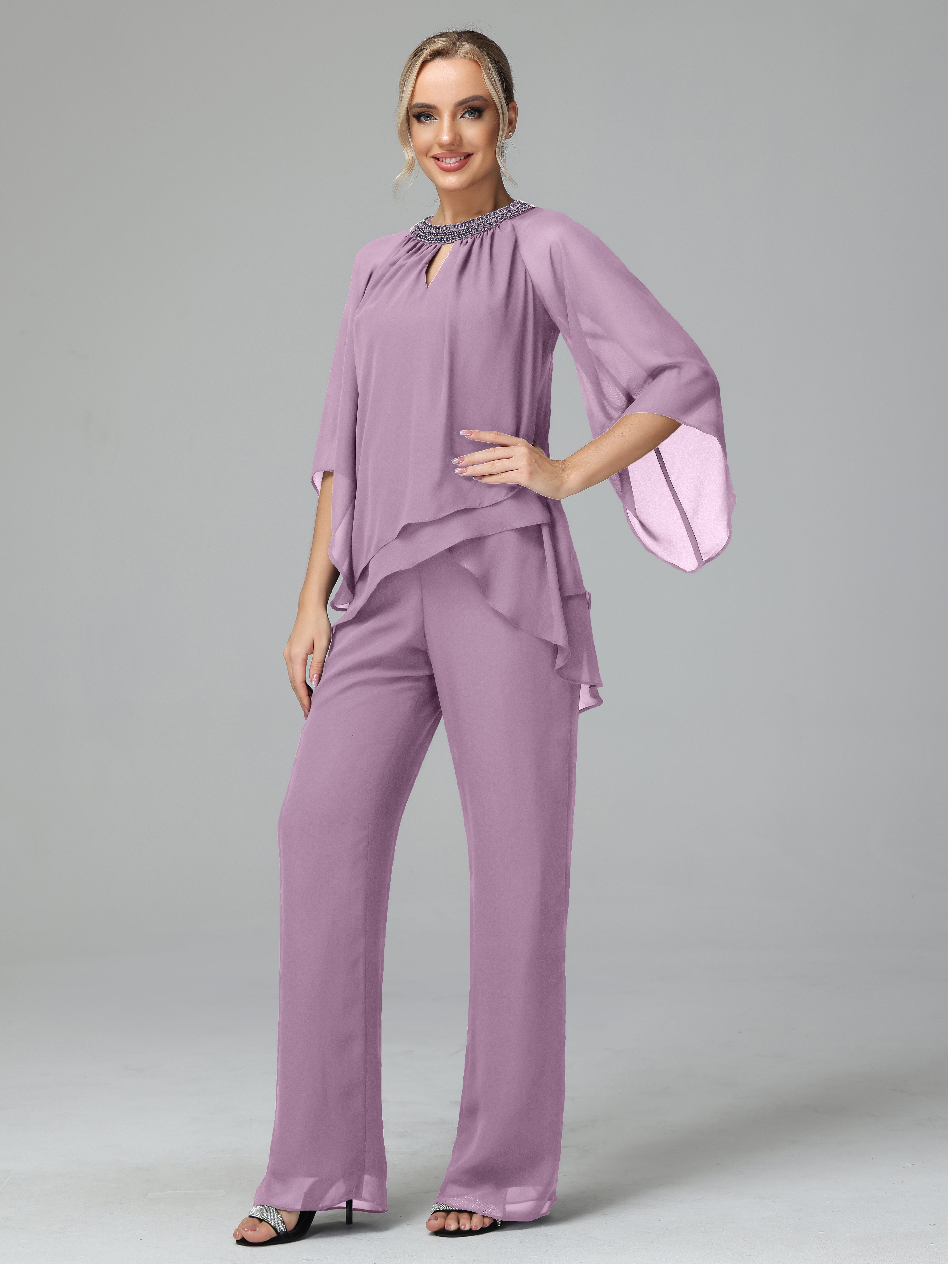 Long Sleeves Chiffon Mother Of The Bride Dress Pants Suits