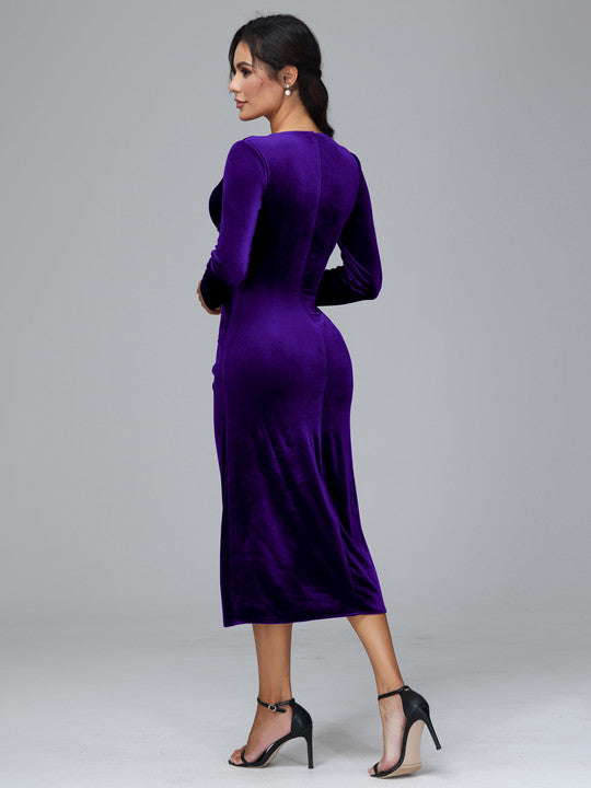 Long Sleeves Tea Length Velvet Mother of the Bride Dresses