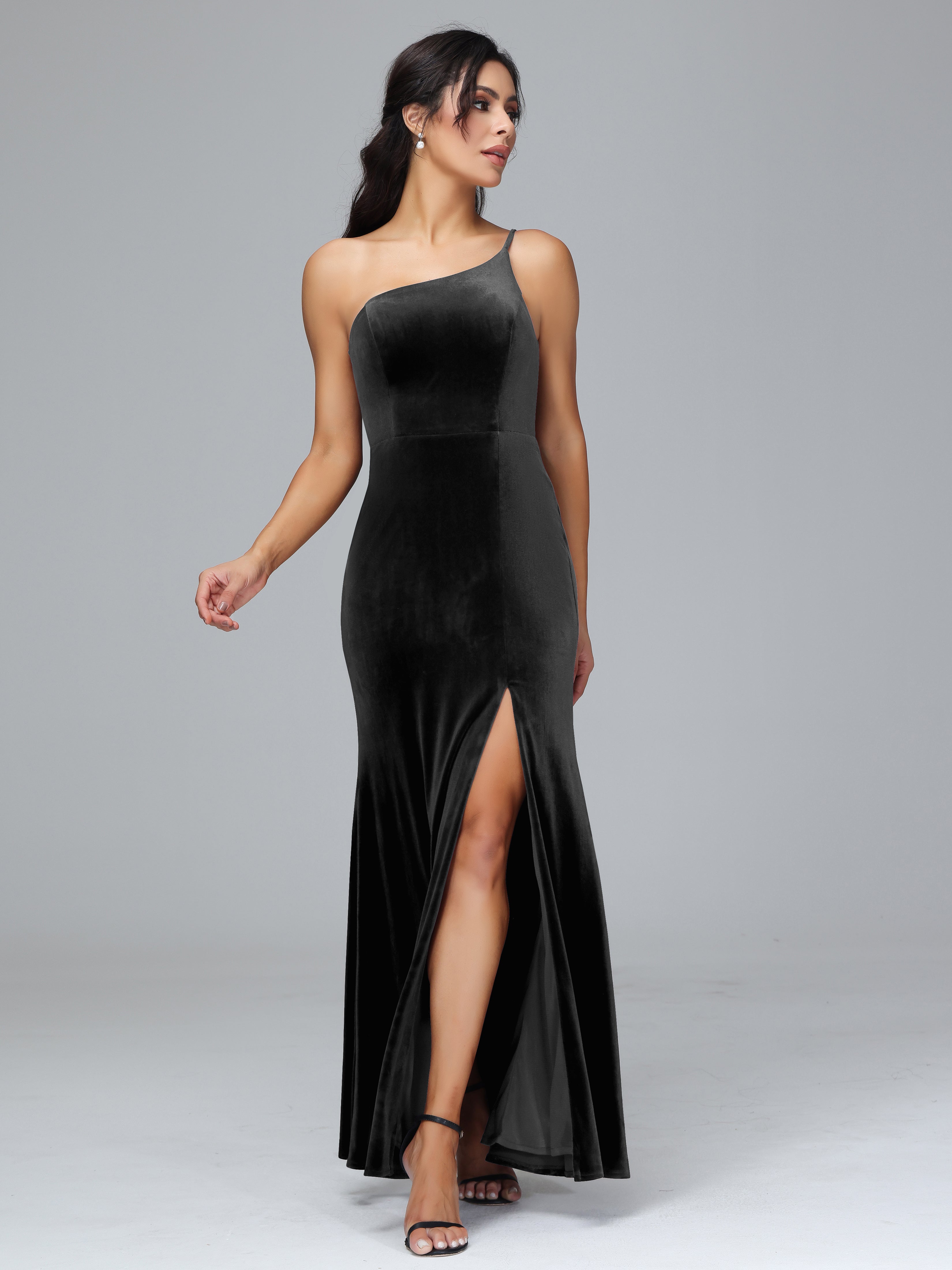 One Shoulder Plus Size Velvet Bridesmaid Dress With Slit