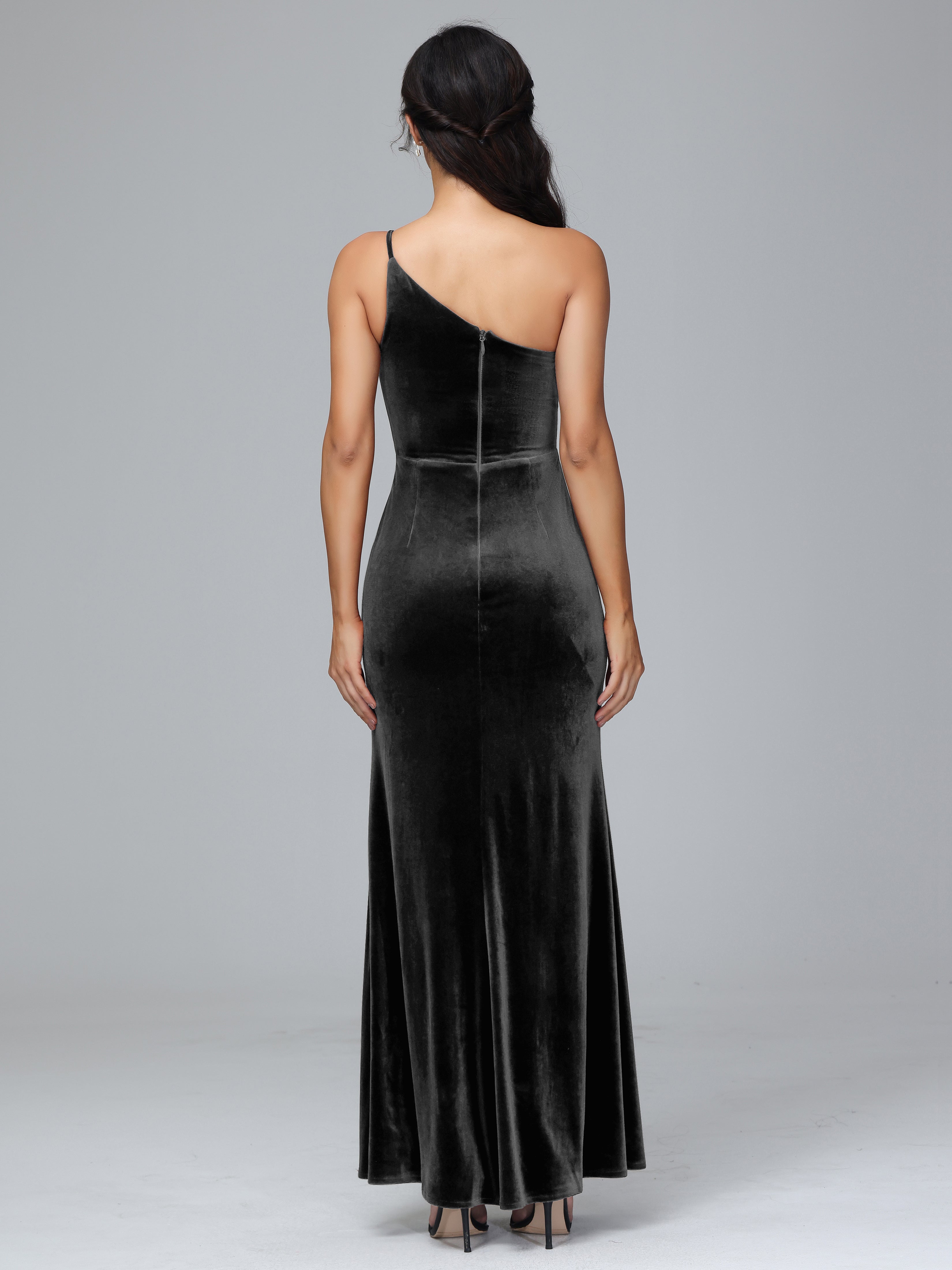 One Shoulder Velvet Bridesmaid Dress With Slit