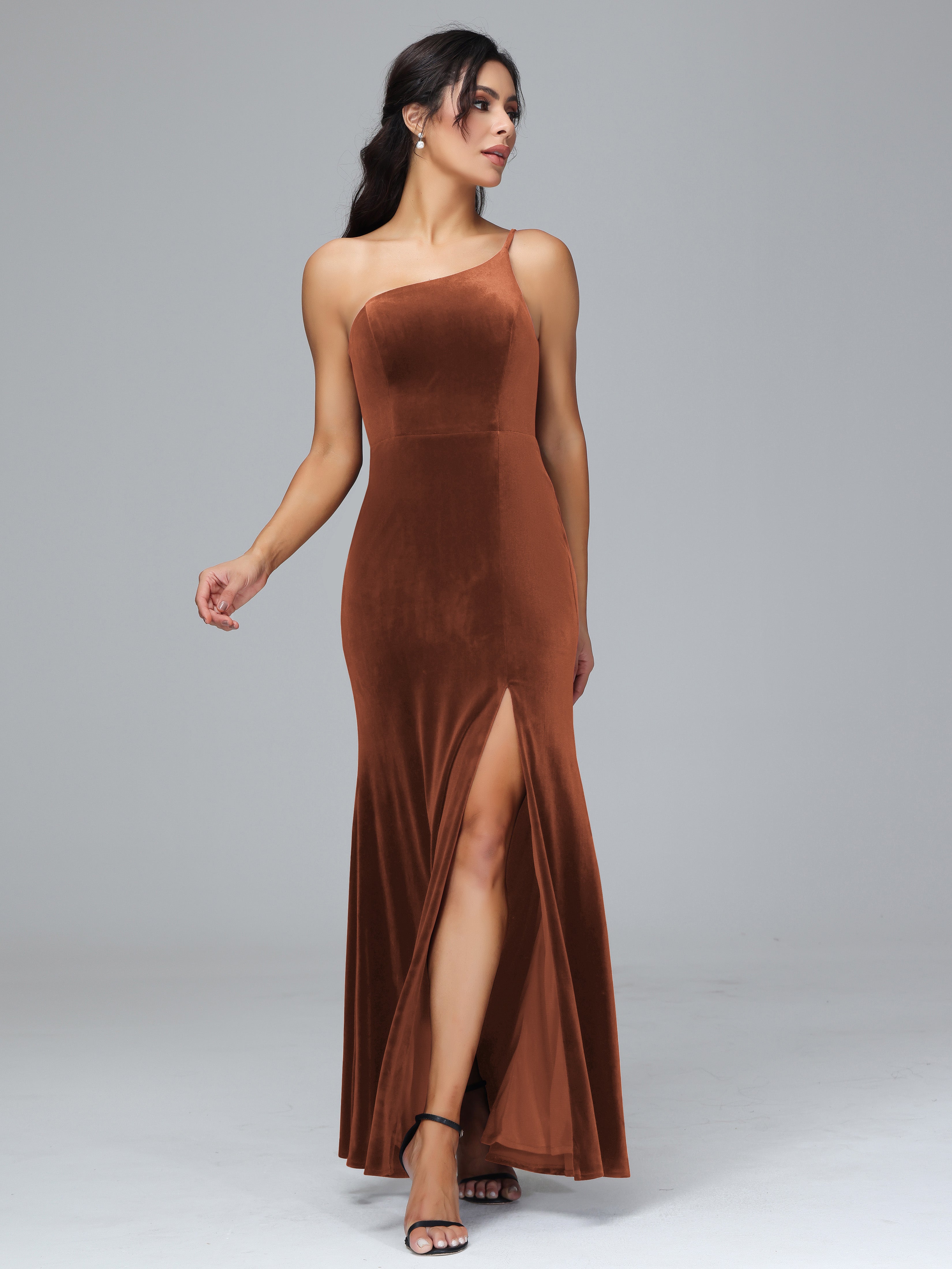 One Shoulder Velvet Bridesmaid Dress With Slit