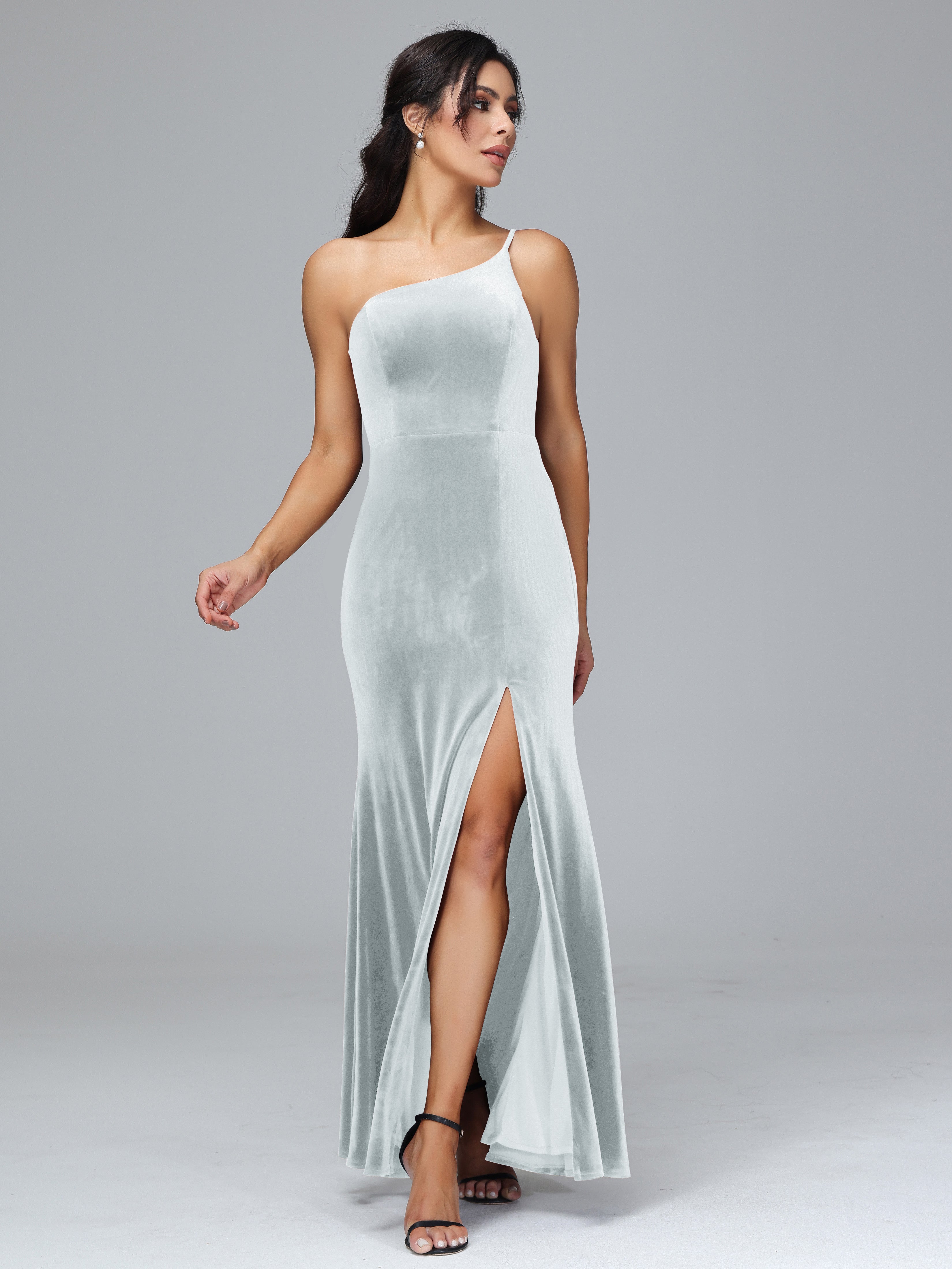 One Shoulder Velvet Wedding Guest Dress With Slit