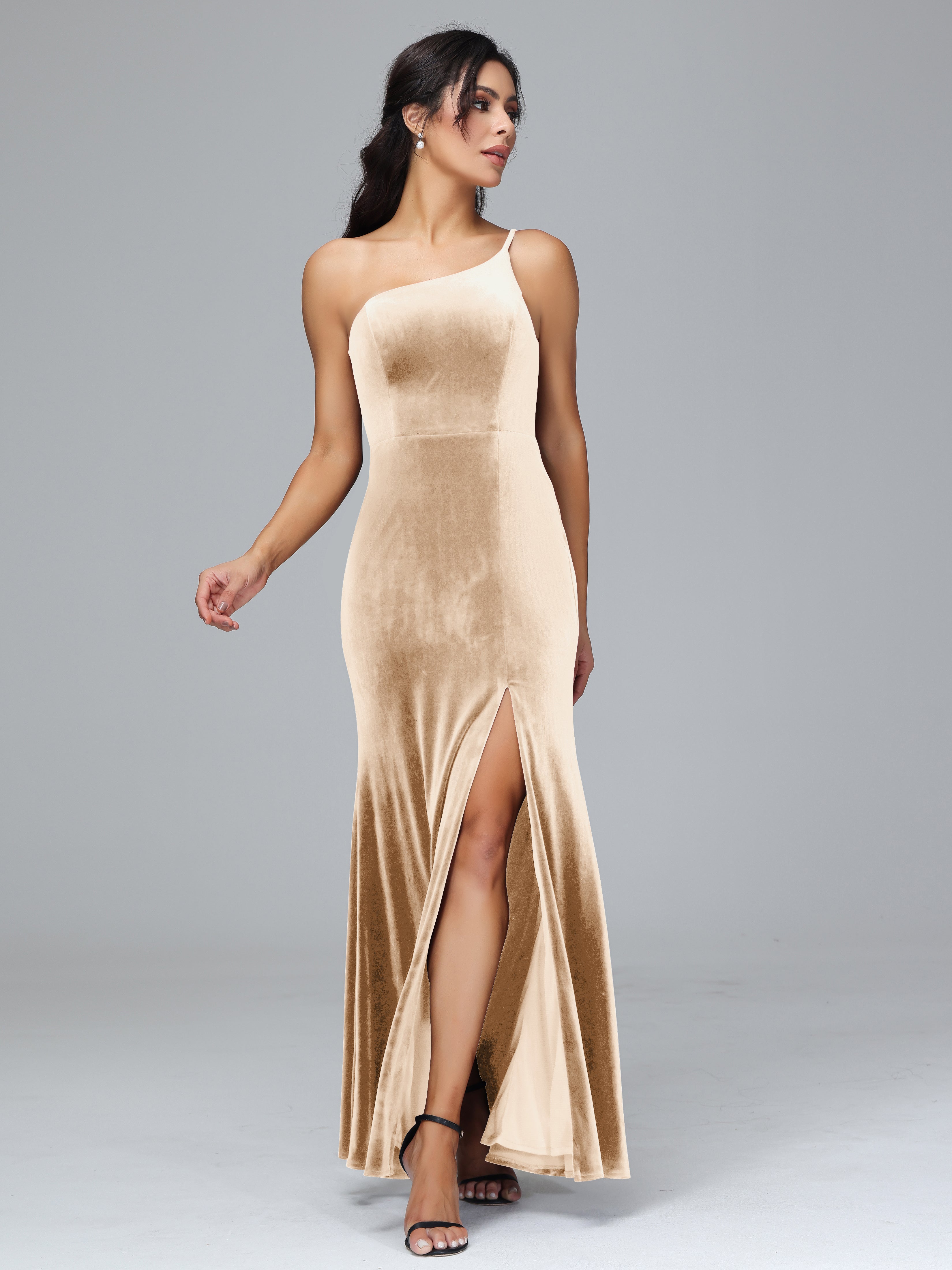 One Shoulder Velvet Wedding Guest Dress With Slit