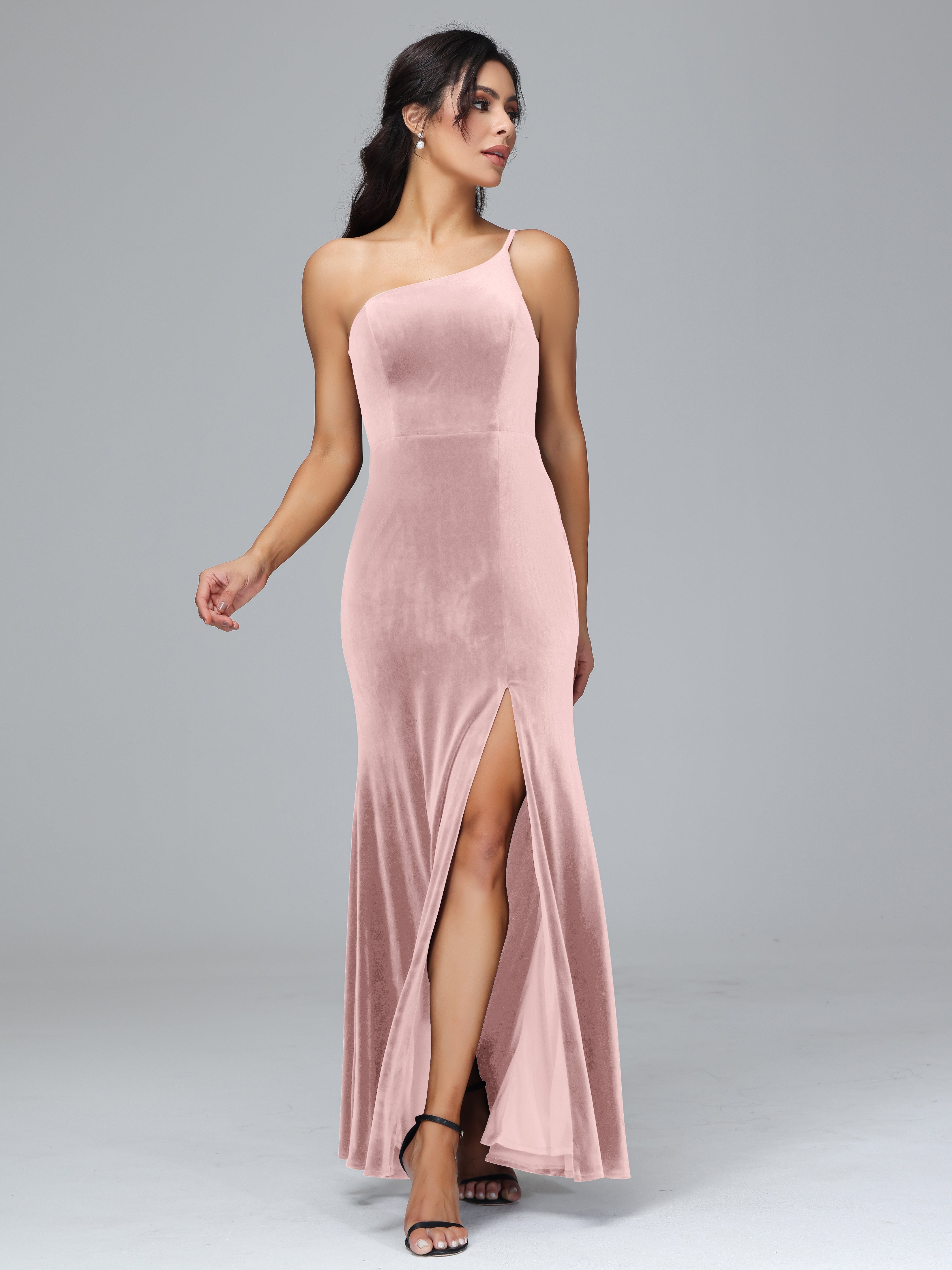 One Shoulder Velvet Wedding Guest Dress With Slit