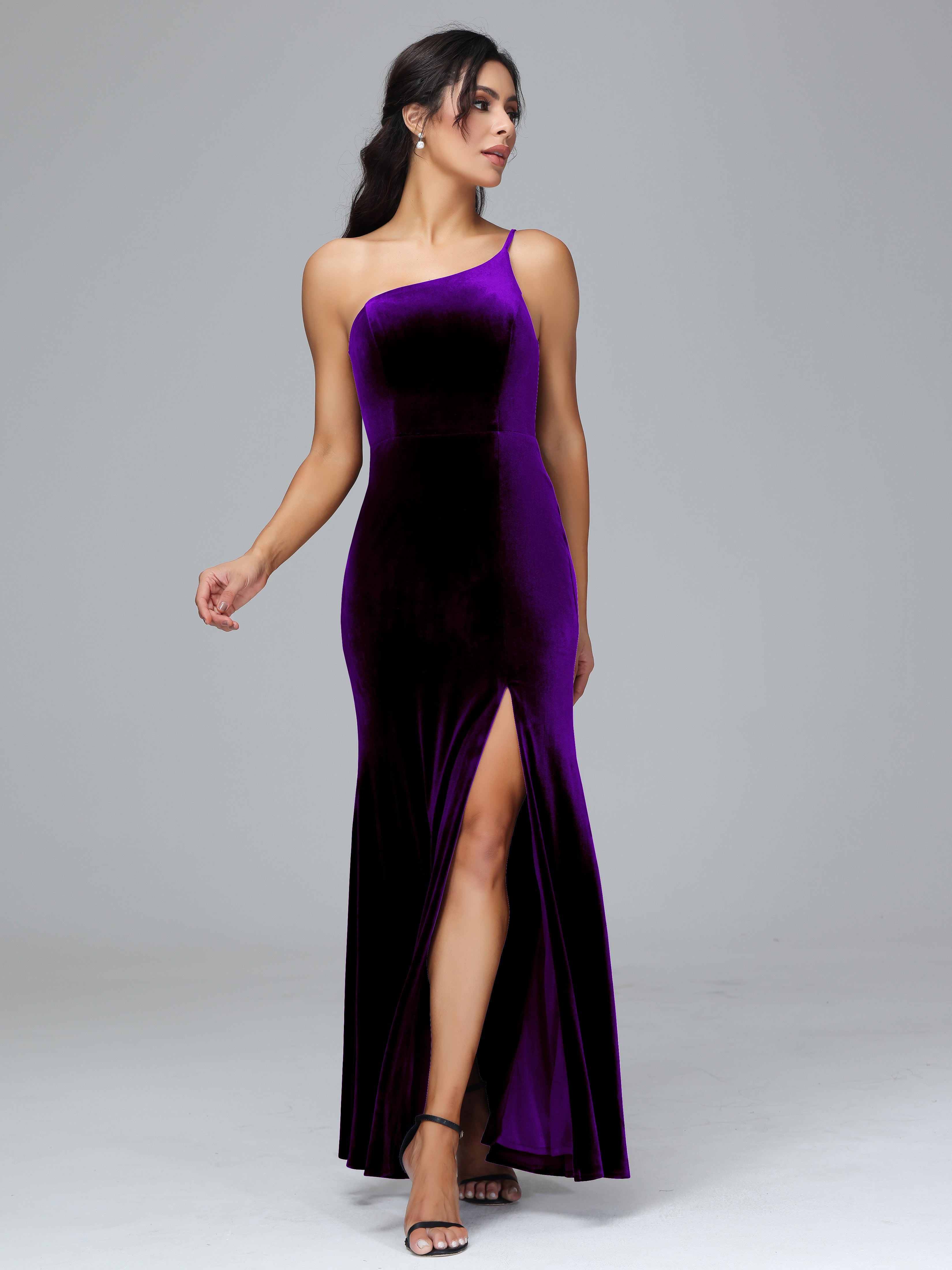 One Shoulder Velvet Bridesmaid Dress With Slit