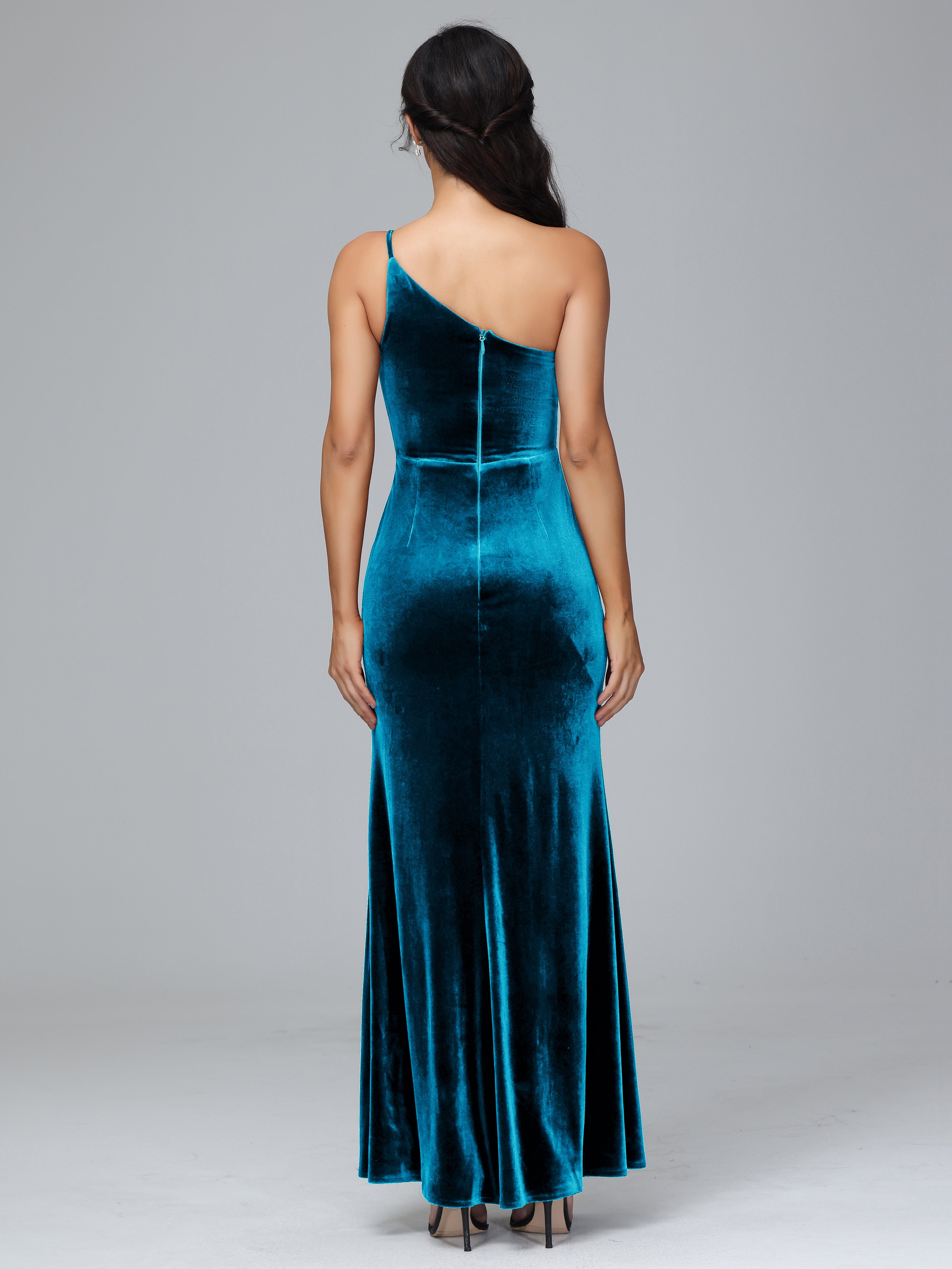 One Shoulder Velvet Bridesmaid Dress With Slit