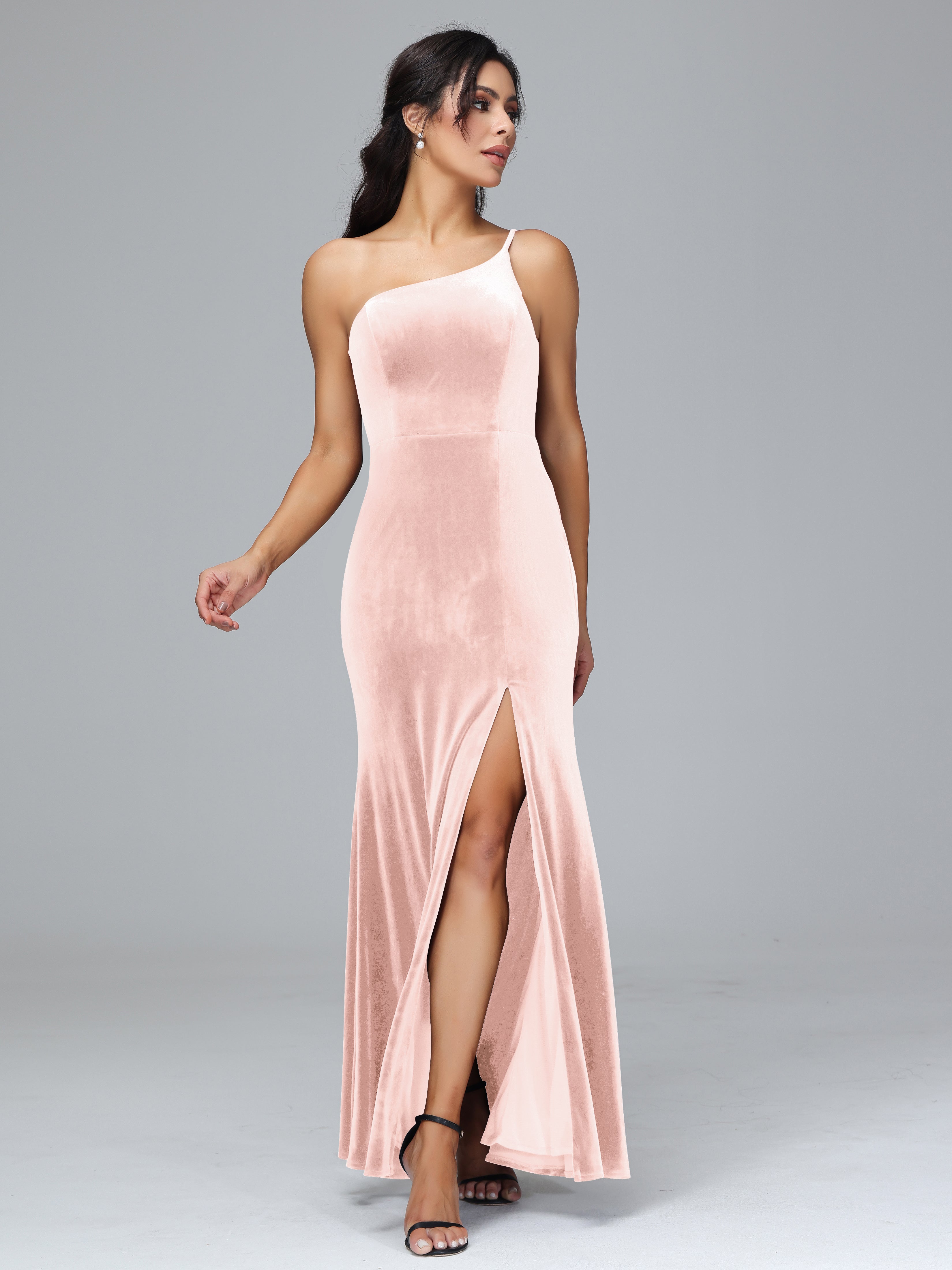 One Shoulder Velvet Bridesmaid Dress With Slit