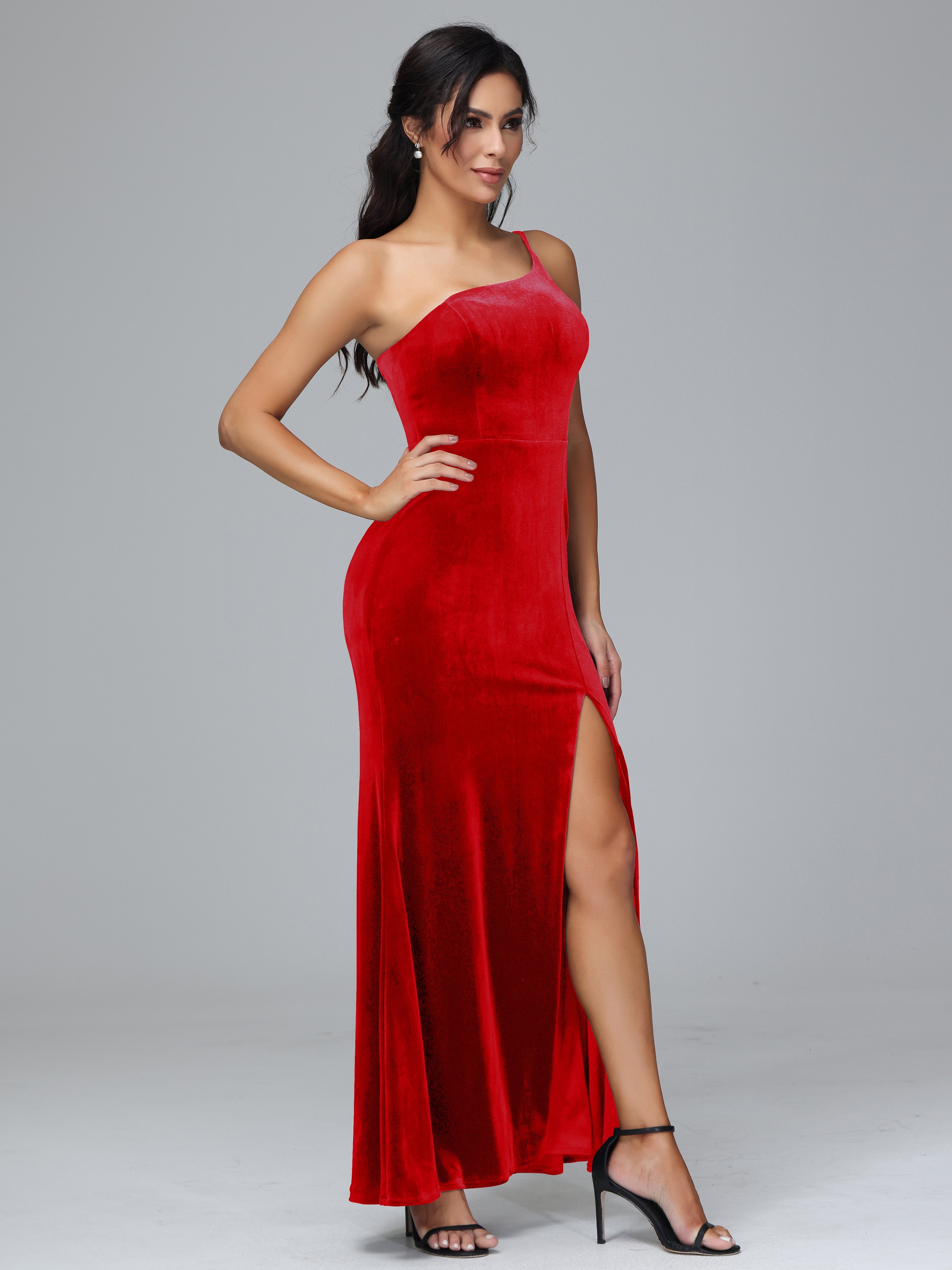 One Shoulder Plus Size Velvet Bridesmaid Dress With Slit