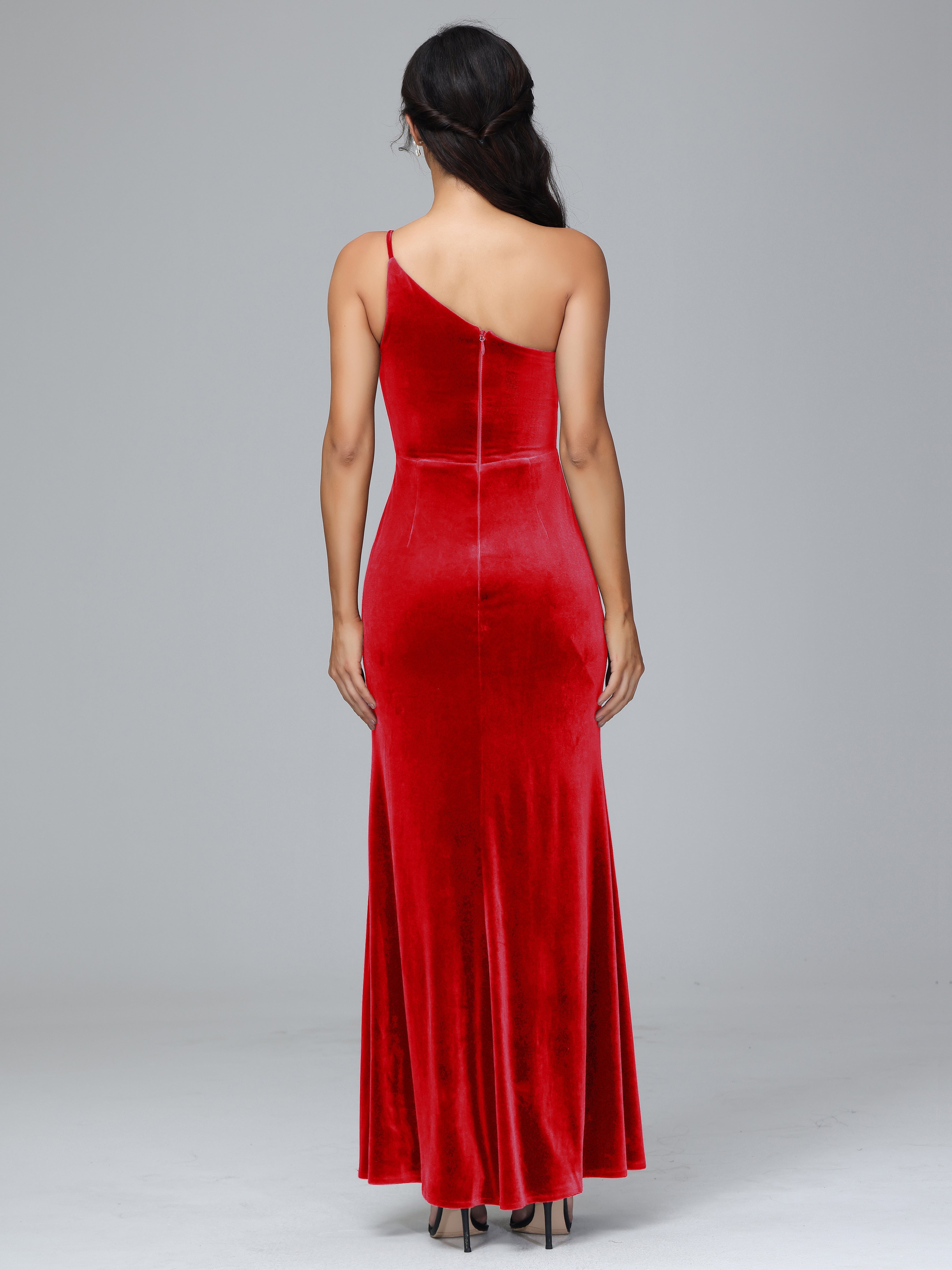 One Shoulder Velvet Wedding Guest Dress With Slit