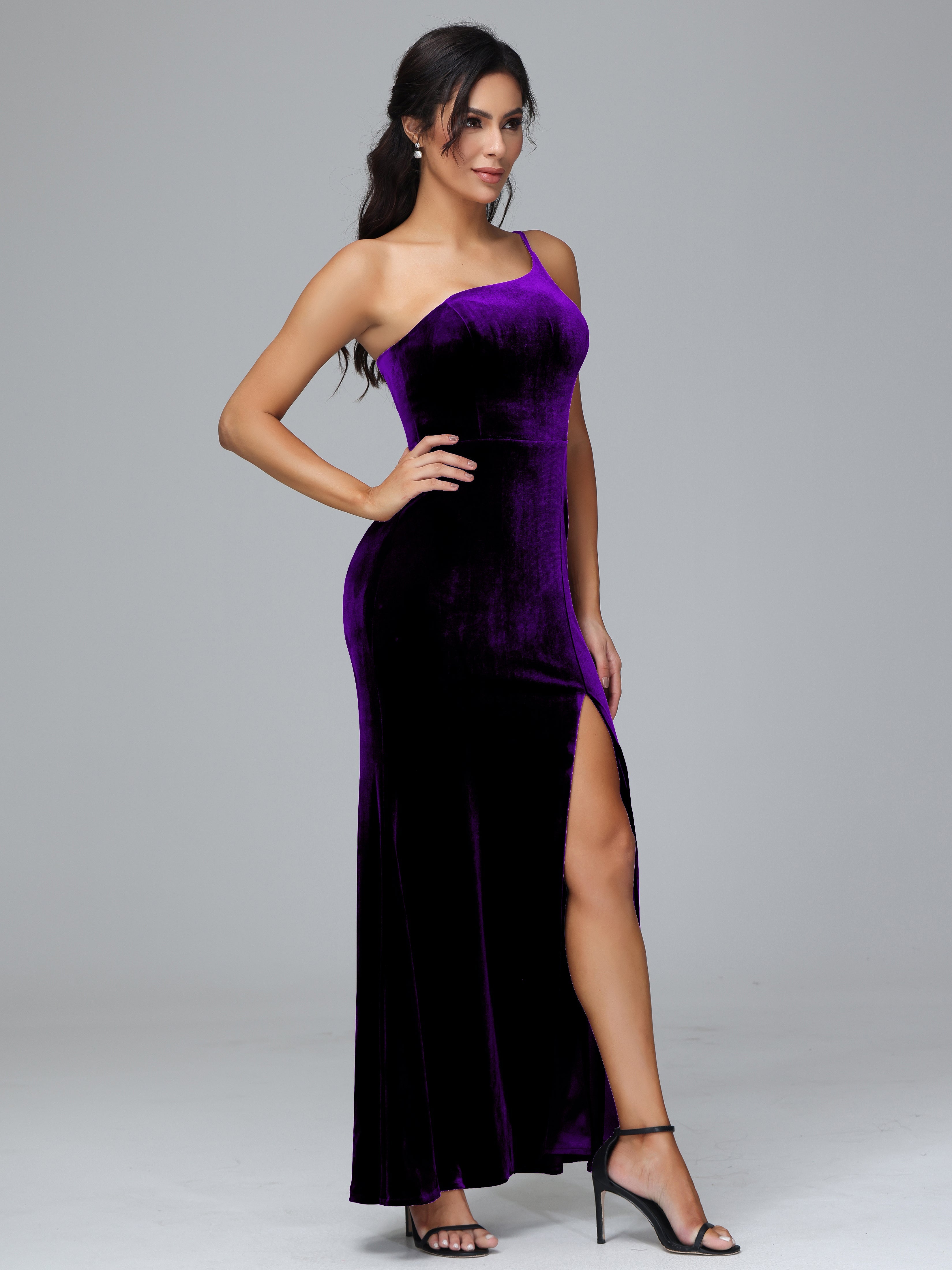 One Shoulder Velvet Wedding Guest Dress With Slit