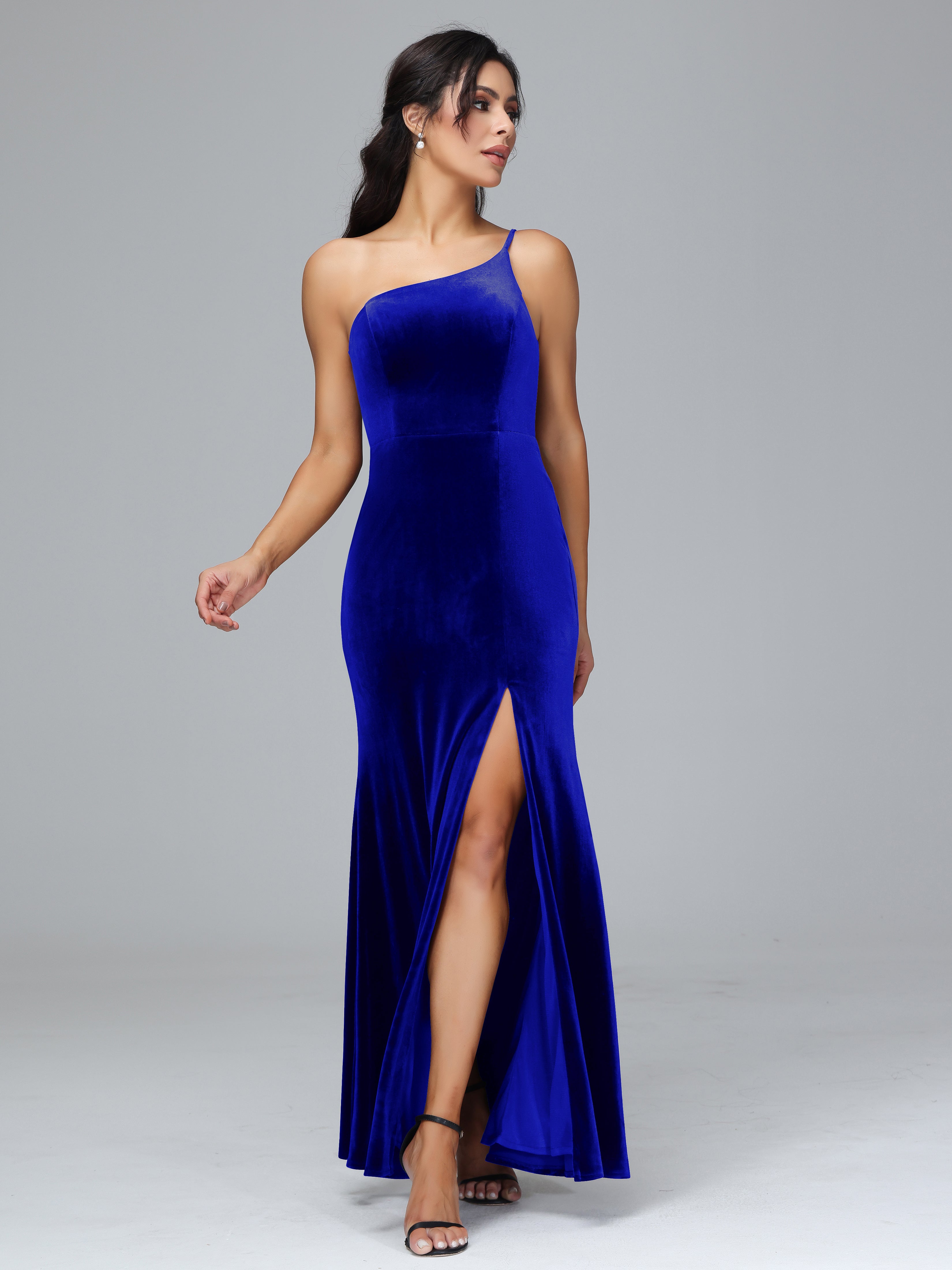 One Shoulder Velvet Wedding Guest Dress With Slit