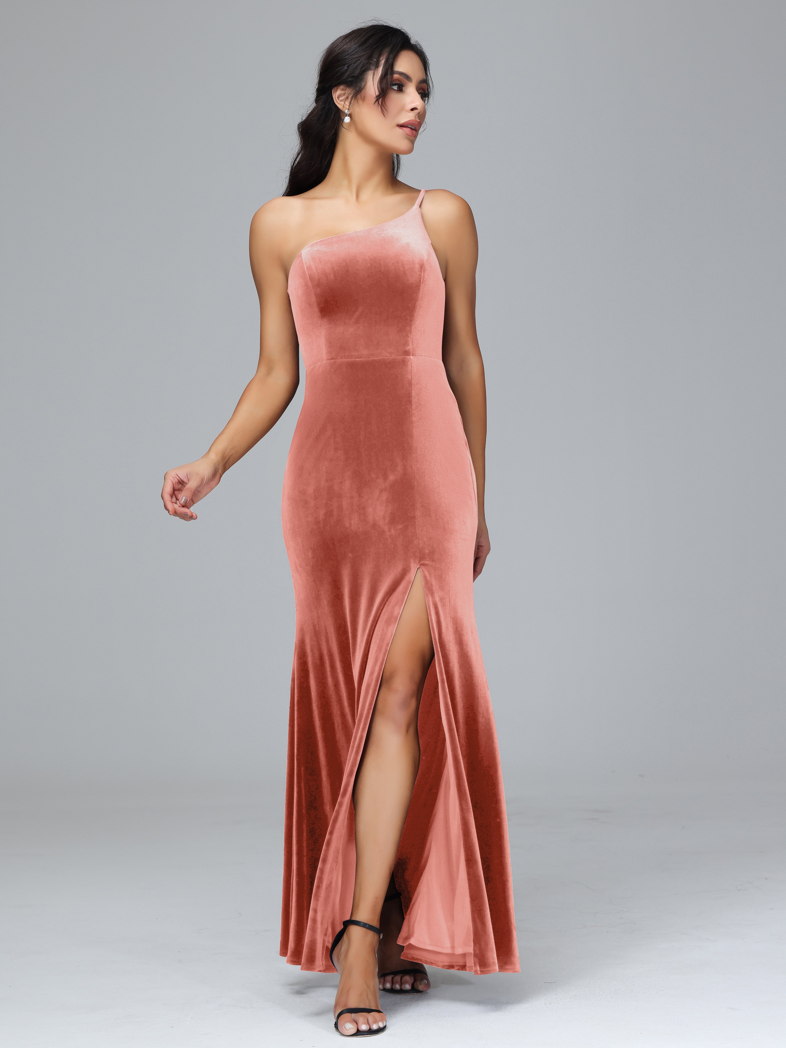 One Shoulder Velvet Wedding Guest Dress With Slit