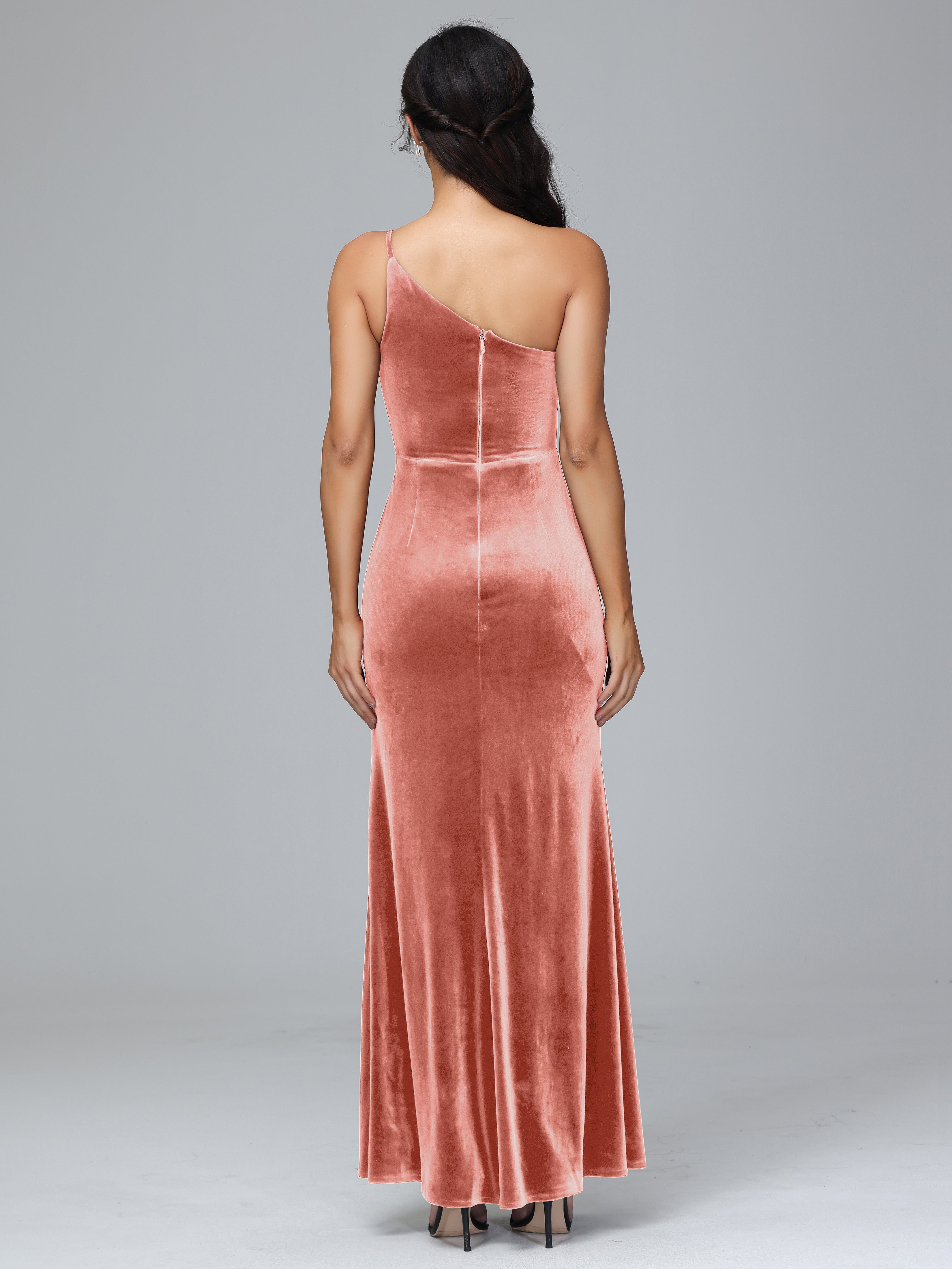 One Shoulder Velvet Bridesmaid Dress With Slit