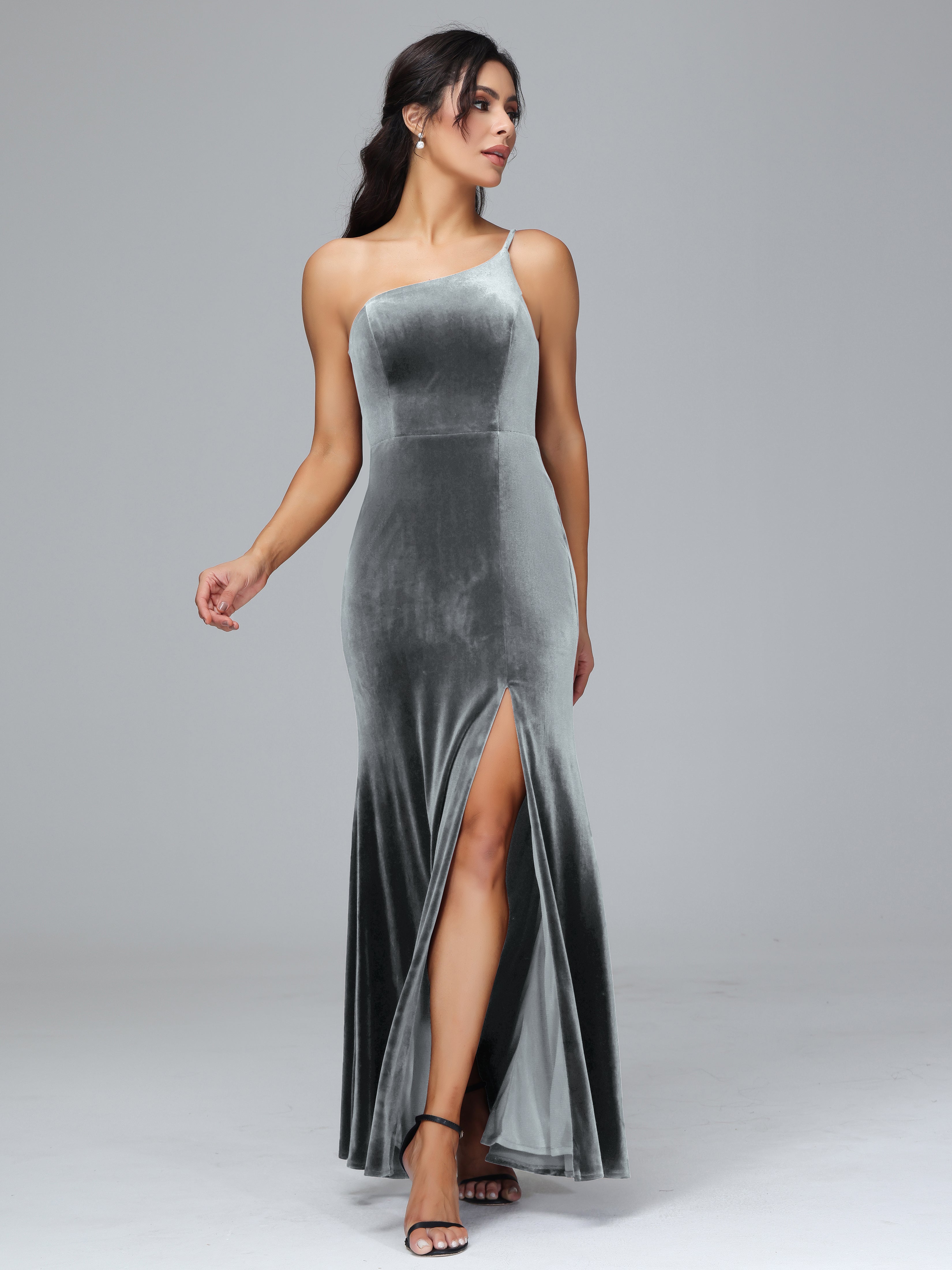 One Shoulder Velvet Bridesmaid Dress With Slit