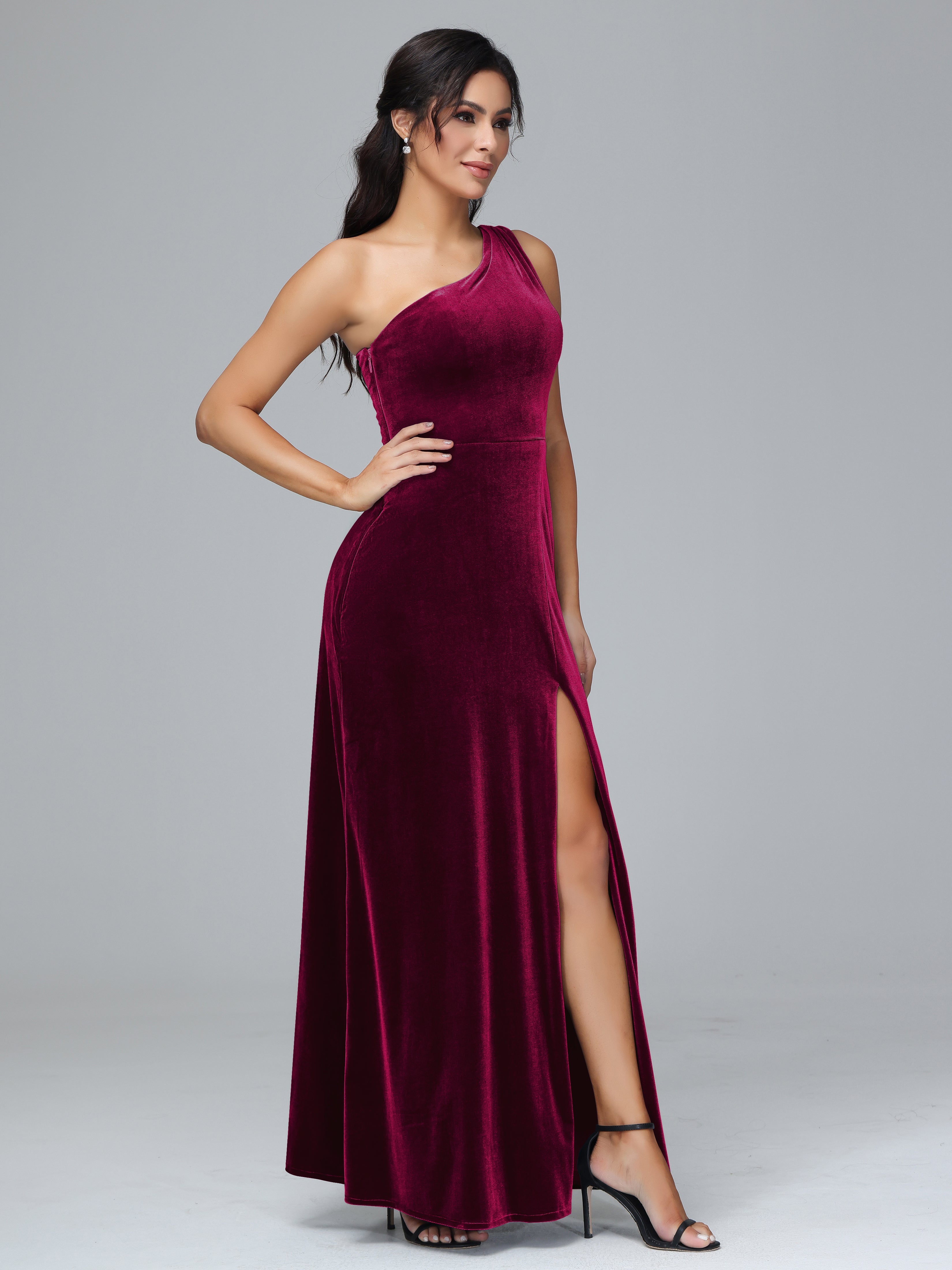 One Shoulder Velvet Wedding Guest Dress With Slit