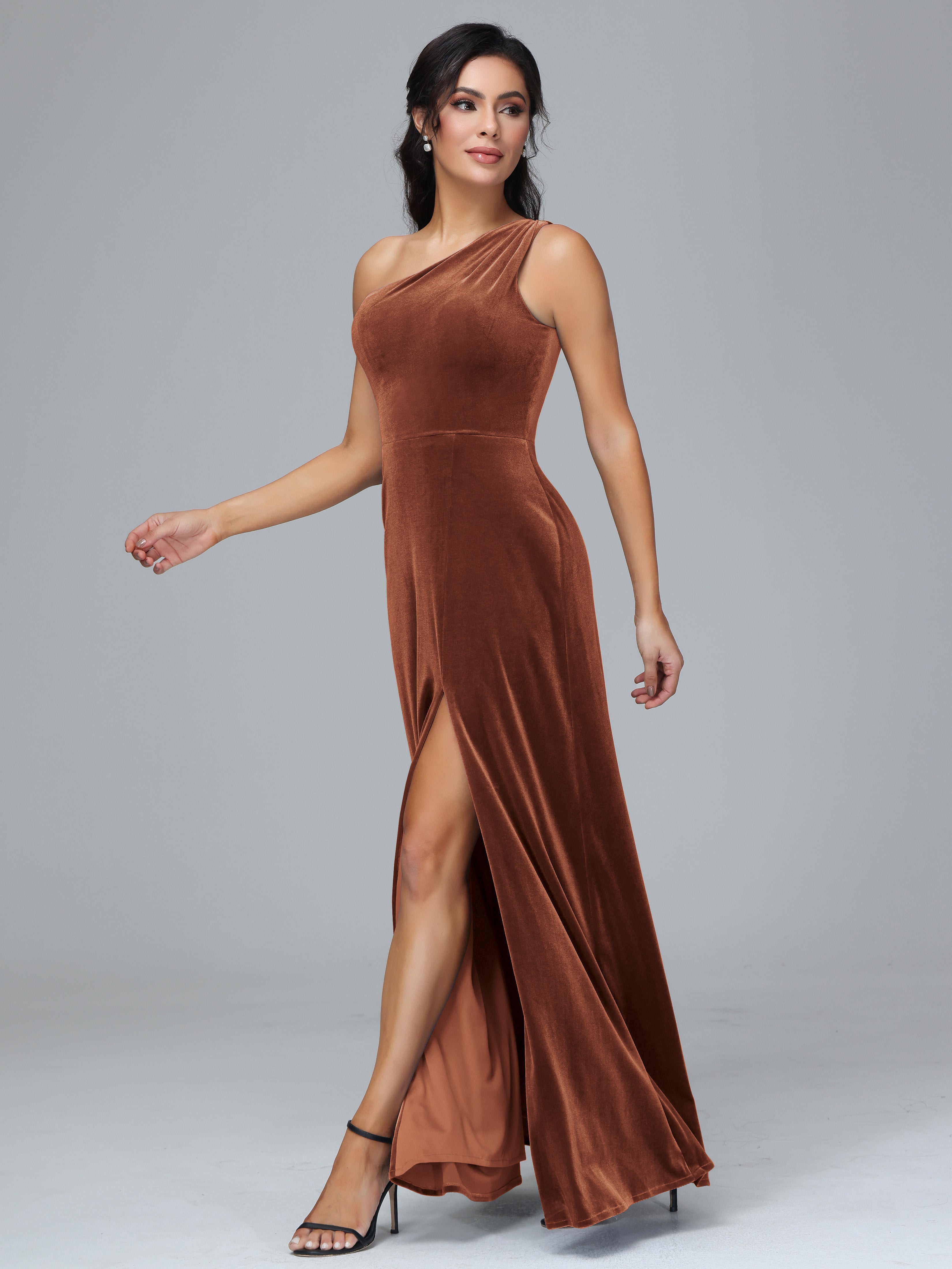 One Shoulder Plus Size Velvet Bridesmaid Dress With Slit