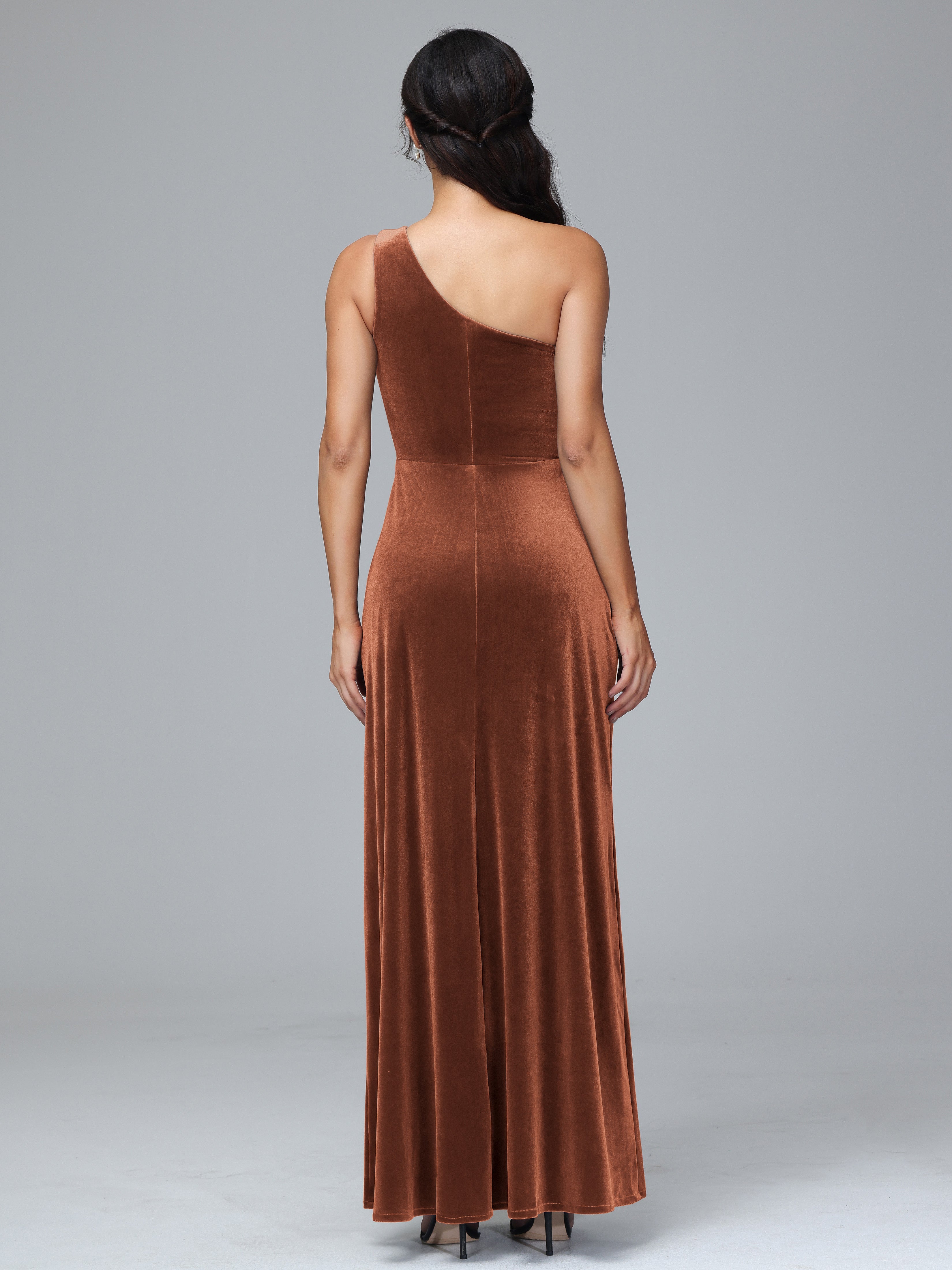 One Shoulder Plus Size Velvet Bridesmaid Dress With Slit