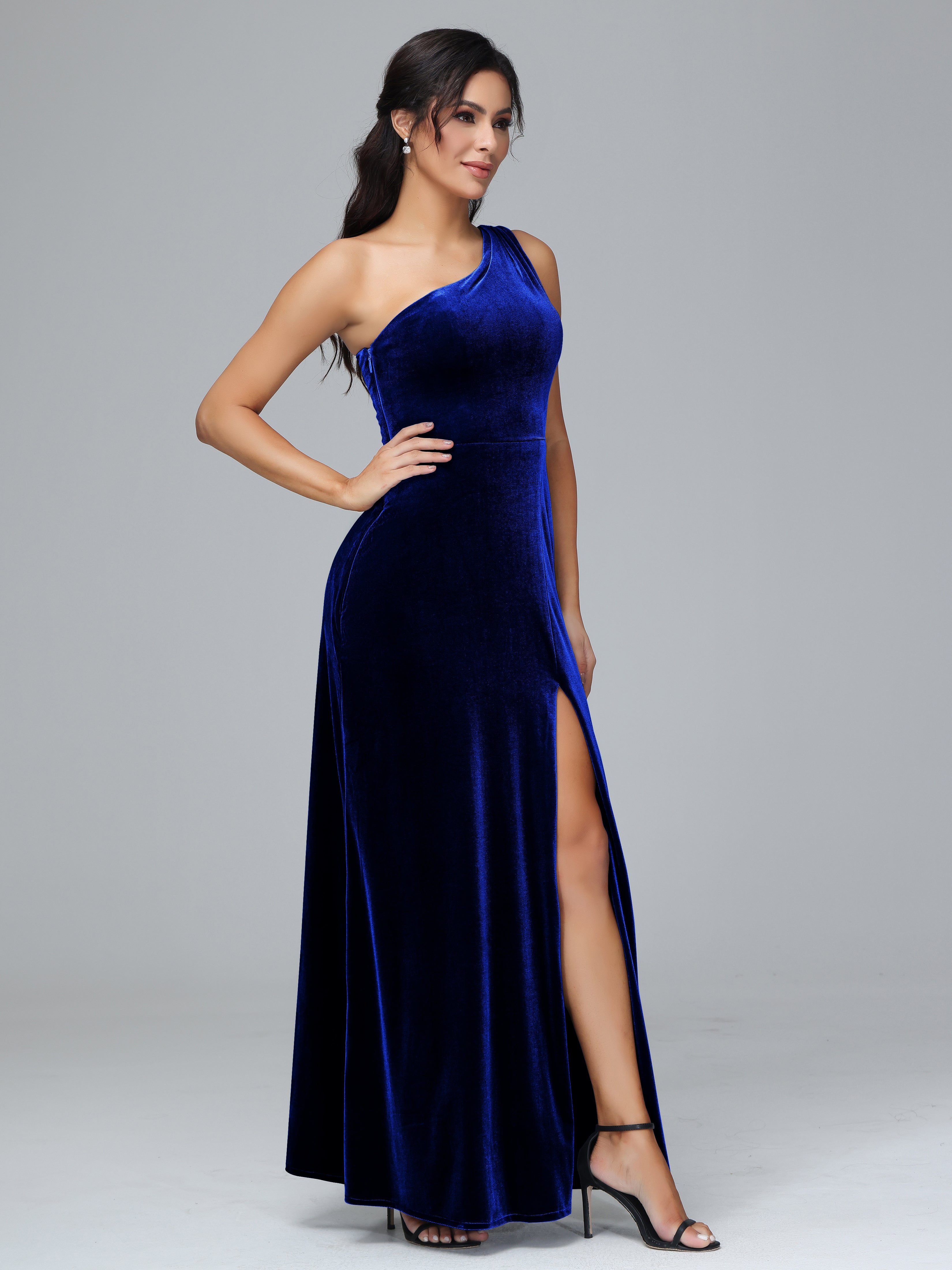 One Shoulder Plus Size Velvet Bridesmaid Dress With Slit