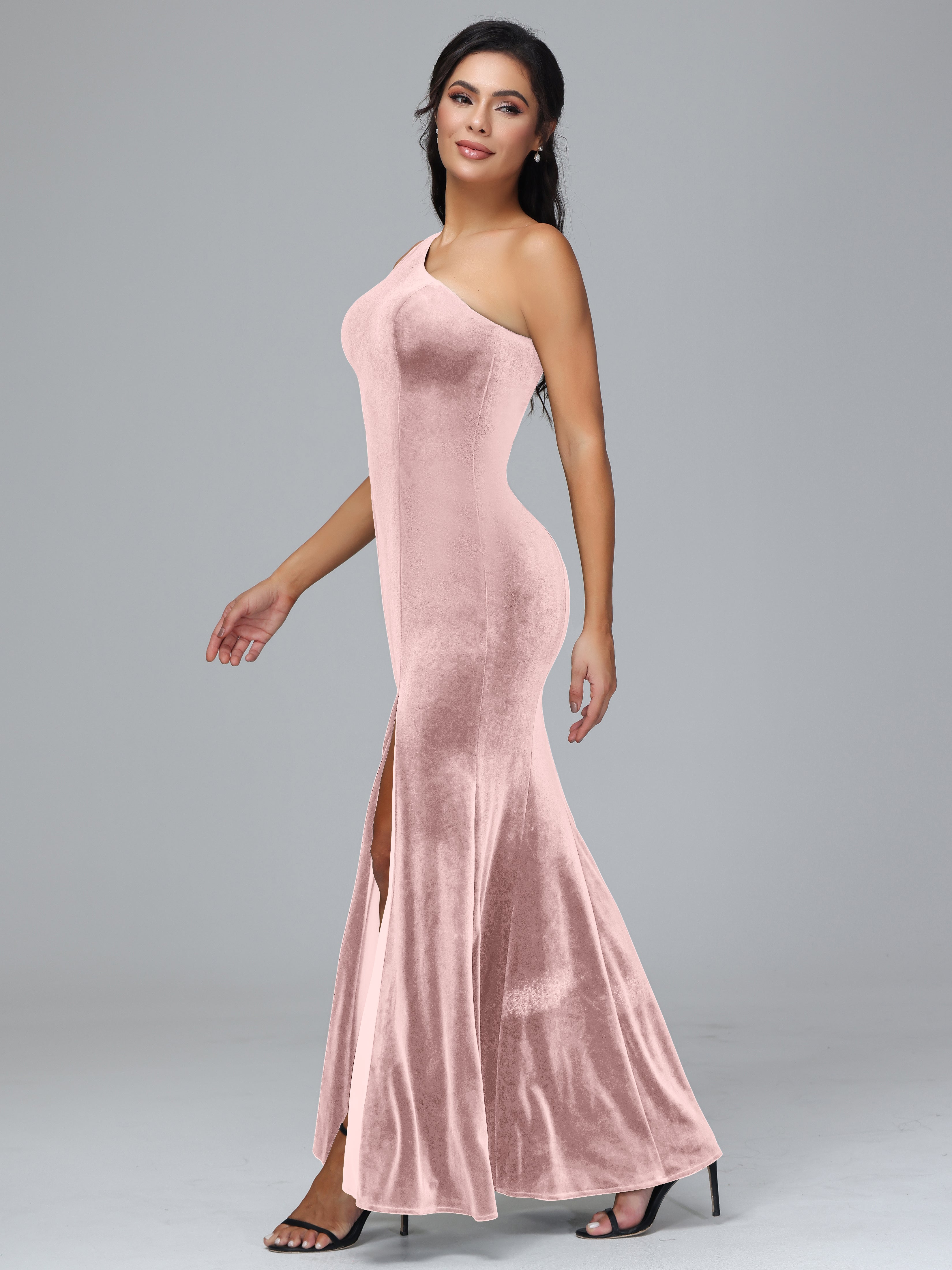 One Shoulder Plus Size Velvet Bridesmaid Dress With Slit