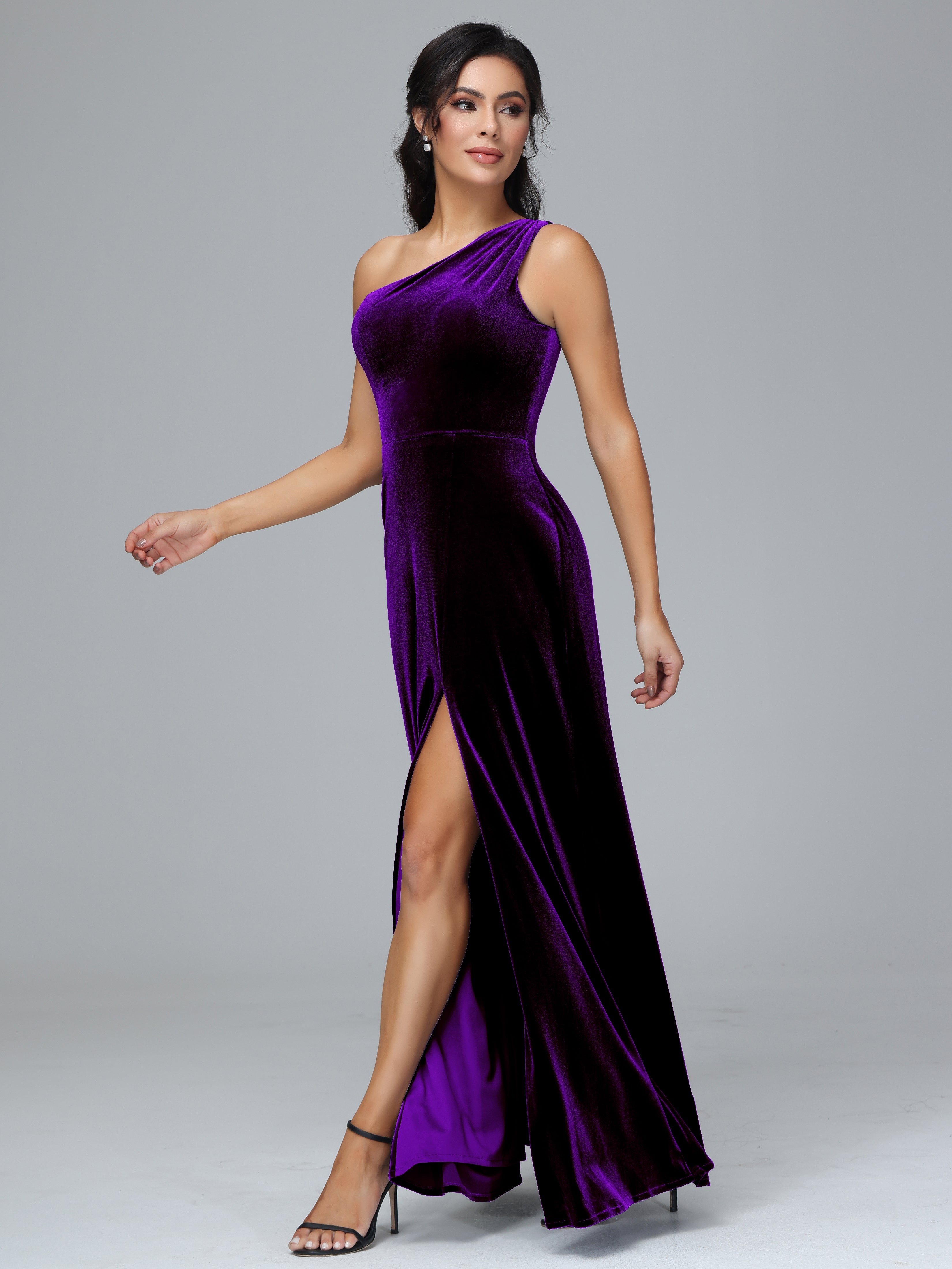 One Shoulder Velvet Wedding Guest Dress With Slit