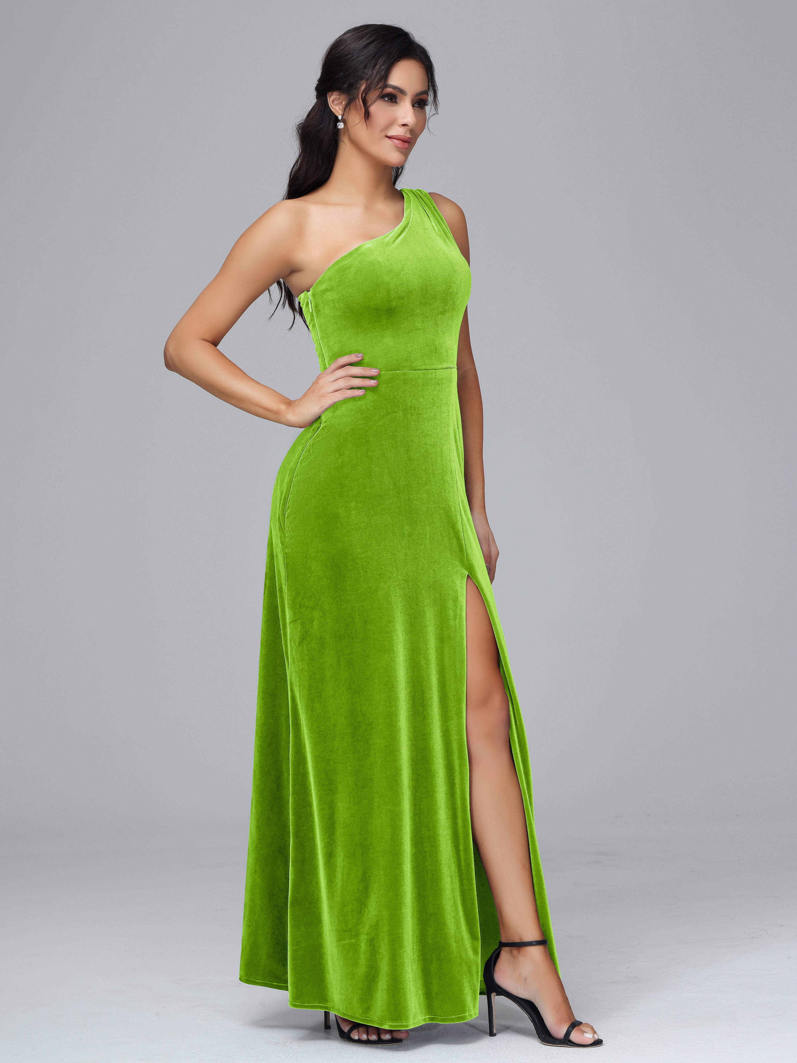 One Shoulder Velvet Bridesmaid Dress With Slit